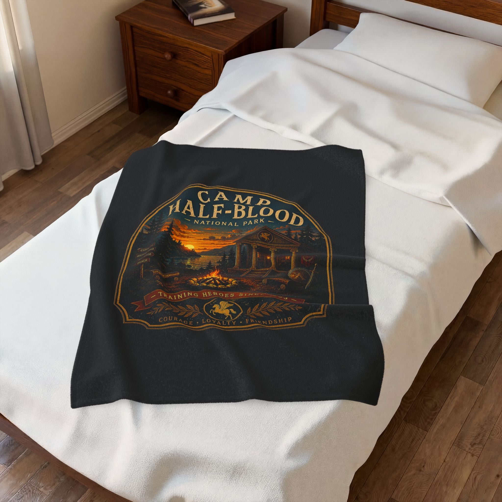 Camp Half-Blood Velveteen Plush Blanket — Campfire Logo Cozy Throw