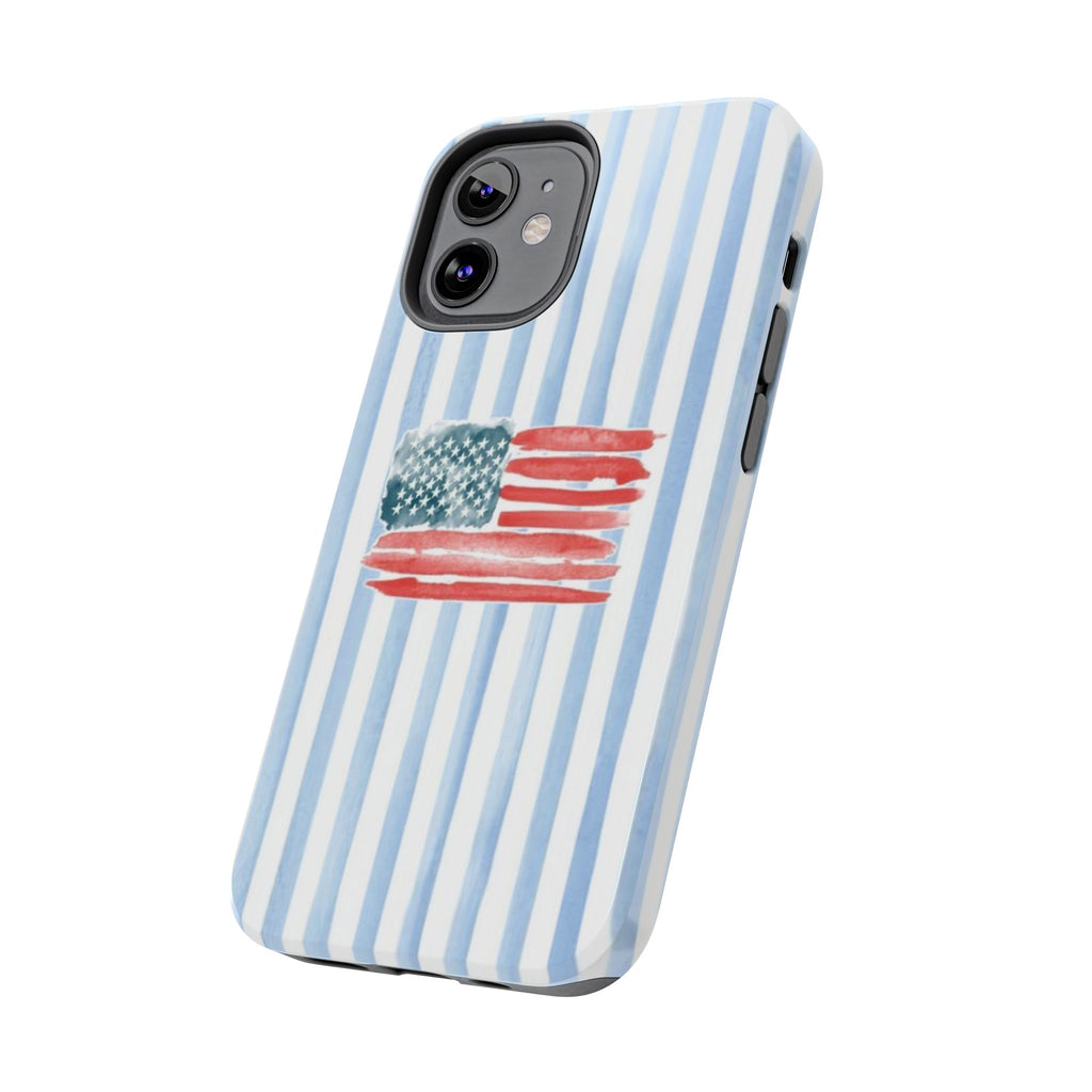 American Flag Watercolor Tough Phone Case — Blue Striped Patriotic Phone Case