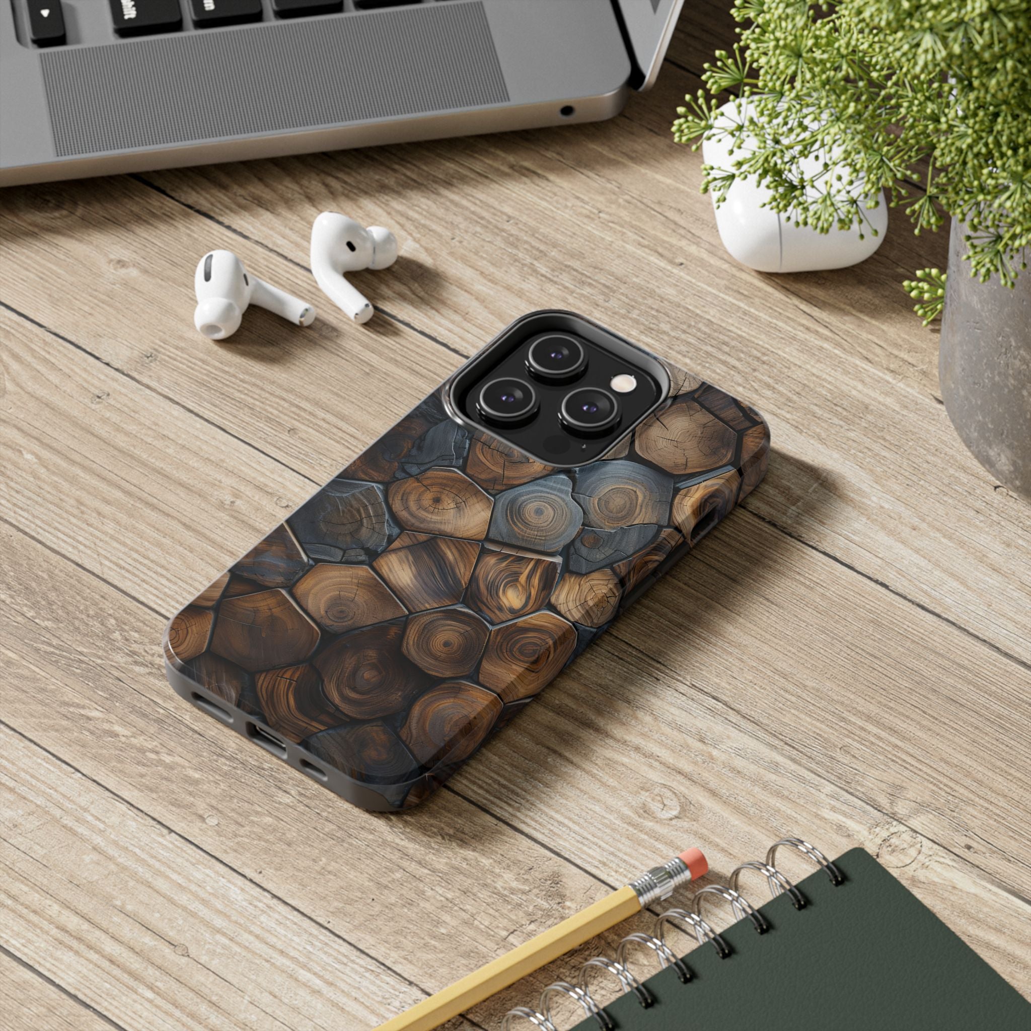 Woodgrain Hex Pattern Tough Phone Case — Rustic Log Cross-Section Design
