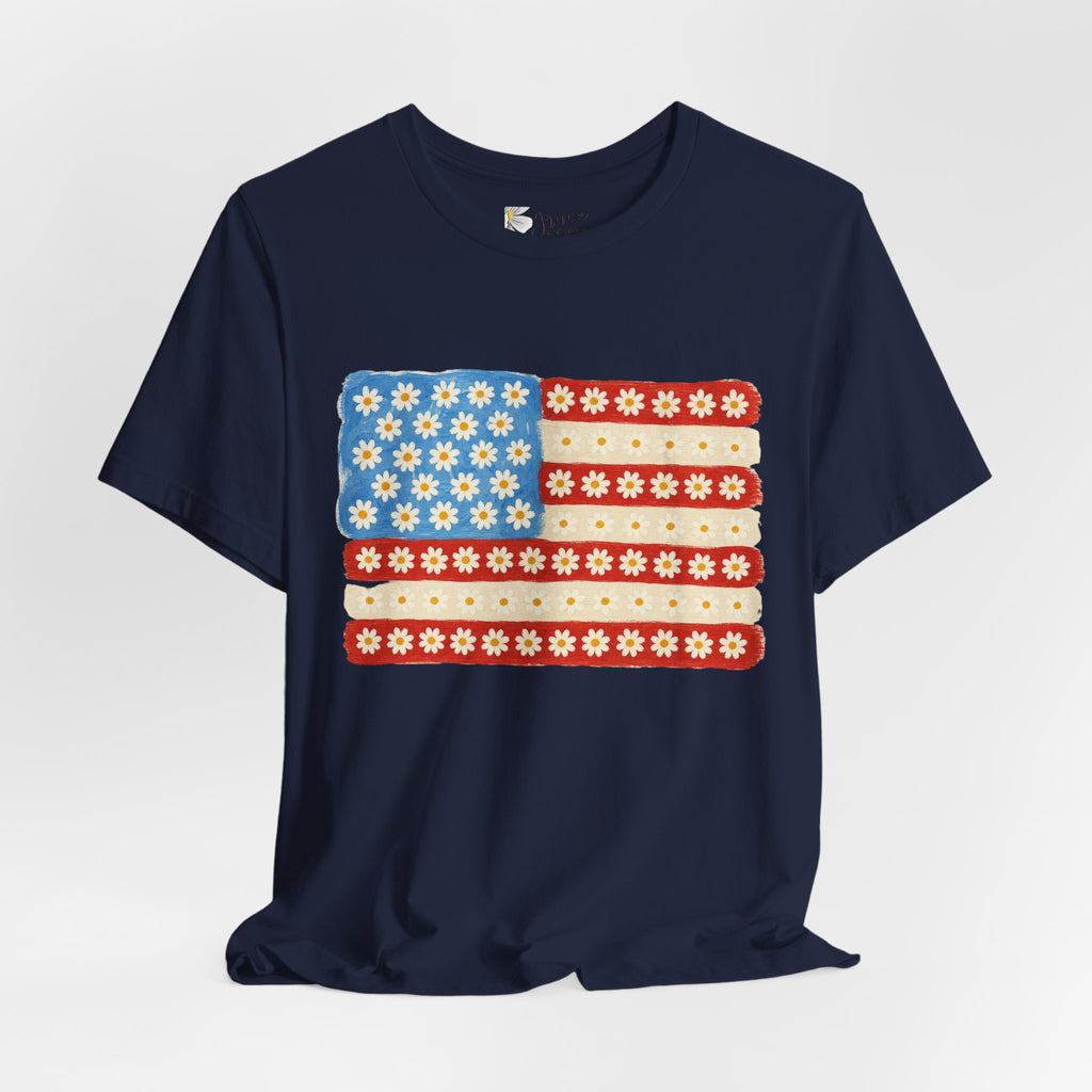Daisy Flag T-Shirt — Retro Floral American Flag Tee for Patriotic Summer