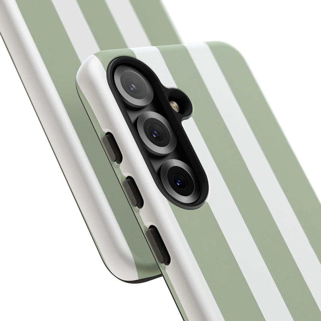 Striped Sage Tough Phone Case — Durable Green & White Vertical Stripe Phone Cover