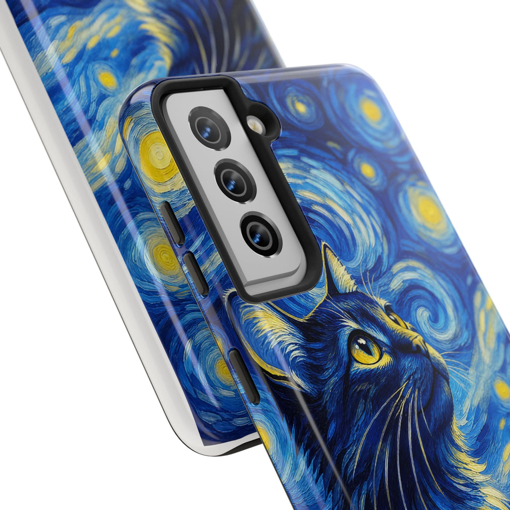 Starry Night Cat Tough Phone Case — Van Gogh Style Galaxy Kitten Protective Cover