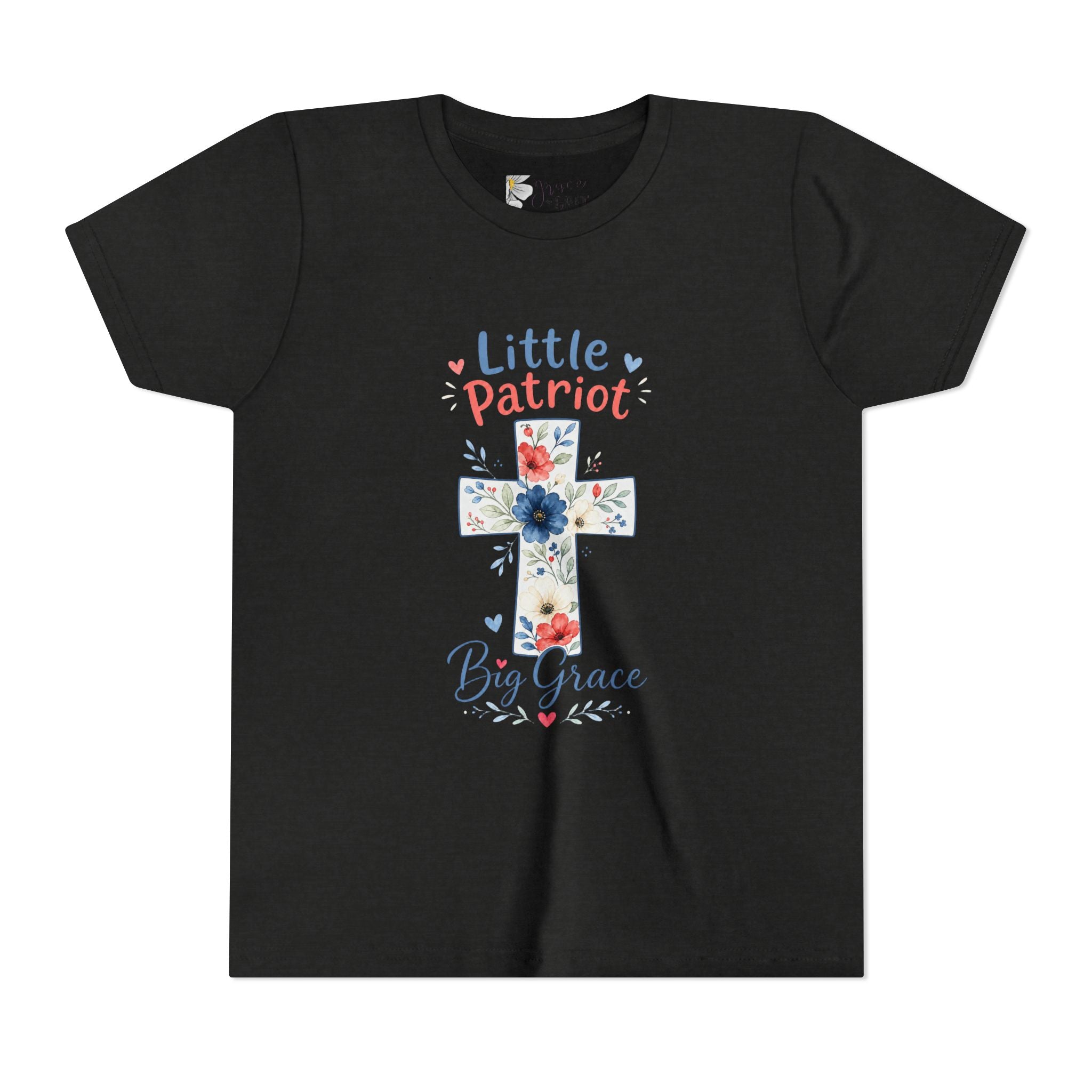 Little Patriot Big Grace Youth Tee — Floral Cross Christian Kids Shirt