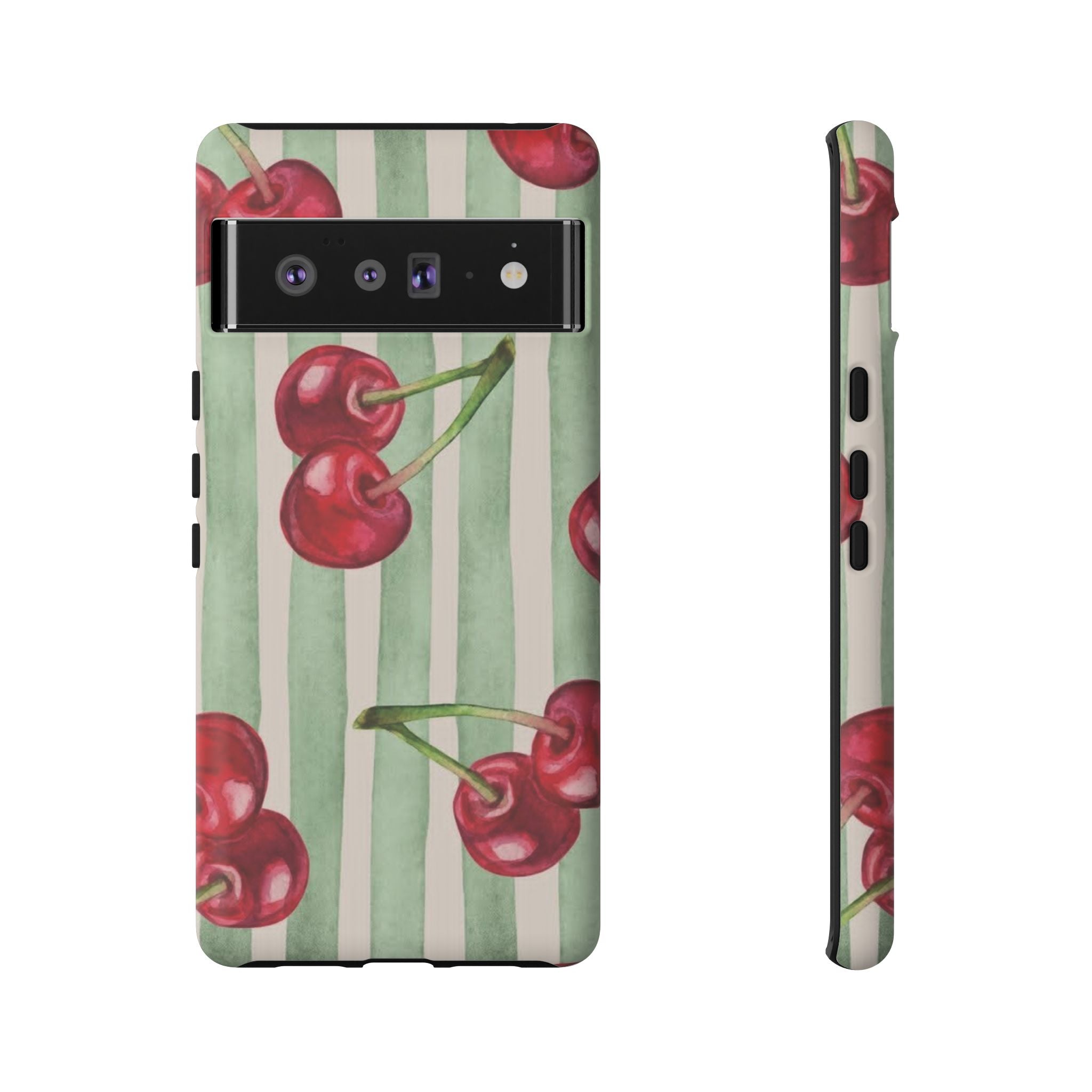Cherry Stripe Phone Case – Retro Watercolor Cherries on Mint Stripes