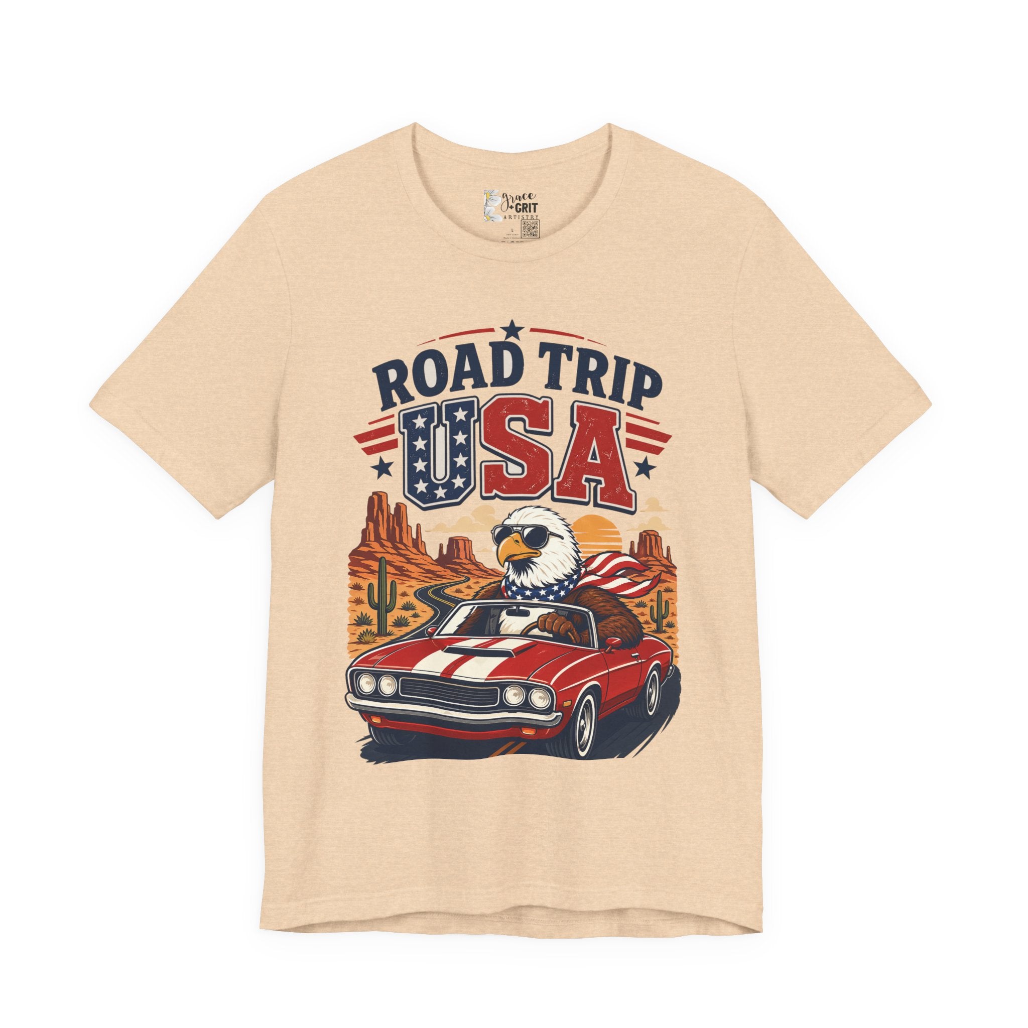 Road Trip USA Tee — Vintage Eagle & Muscle Car Patriotic T‑Shirt