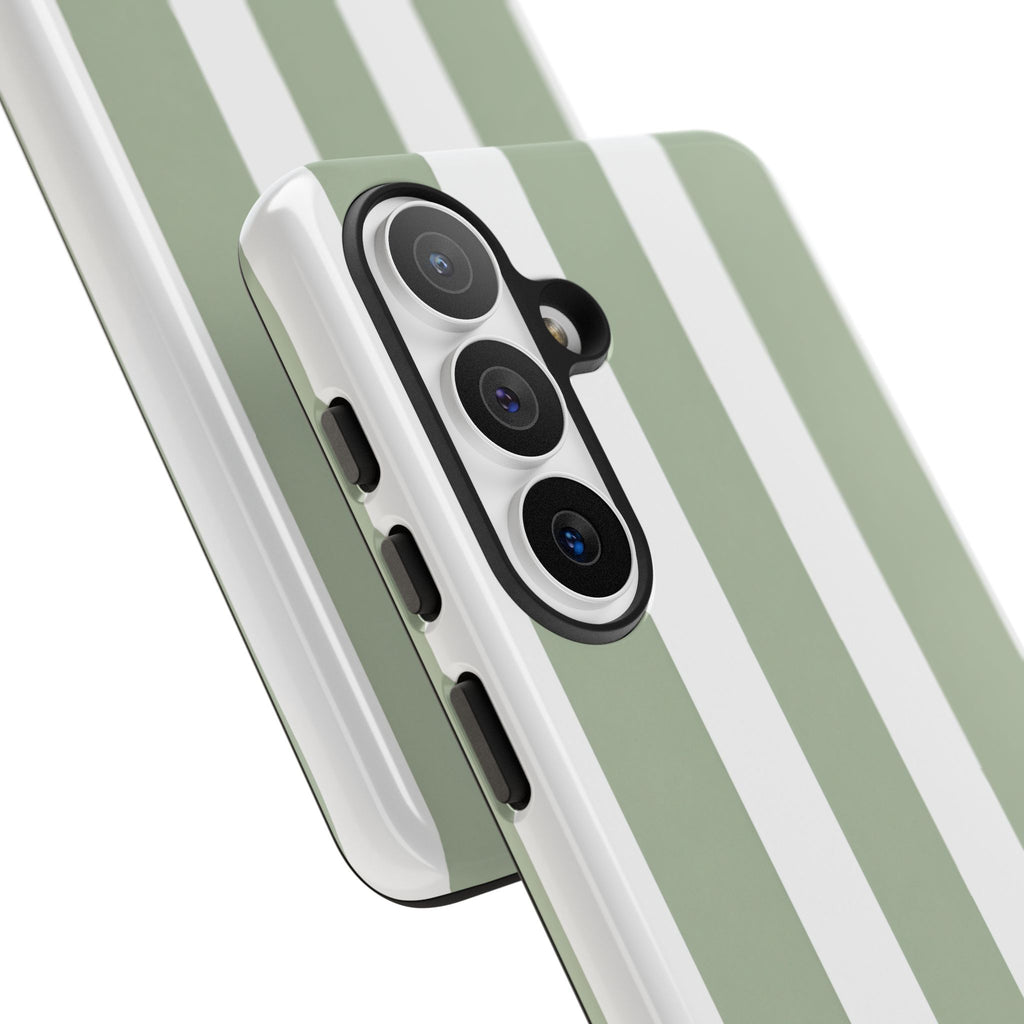 Striped Sage Tough Phone Case — Durable Green & White Vertical Stripe Phone Cover