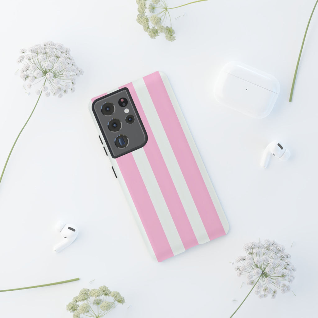 Pink & White Striped Tough Phone Case — Durable Protective Phone Cover