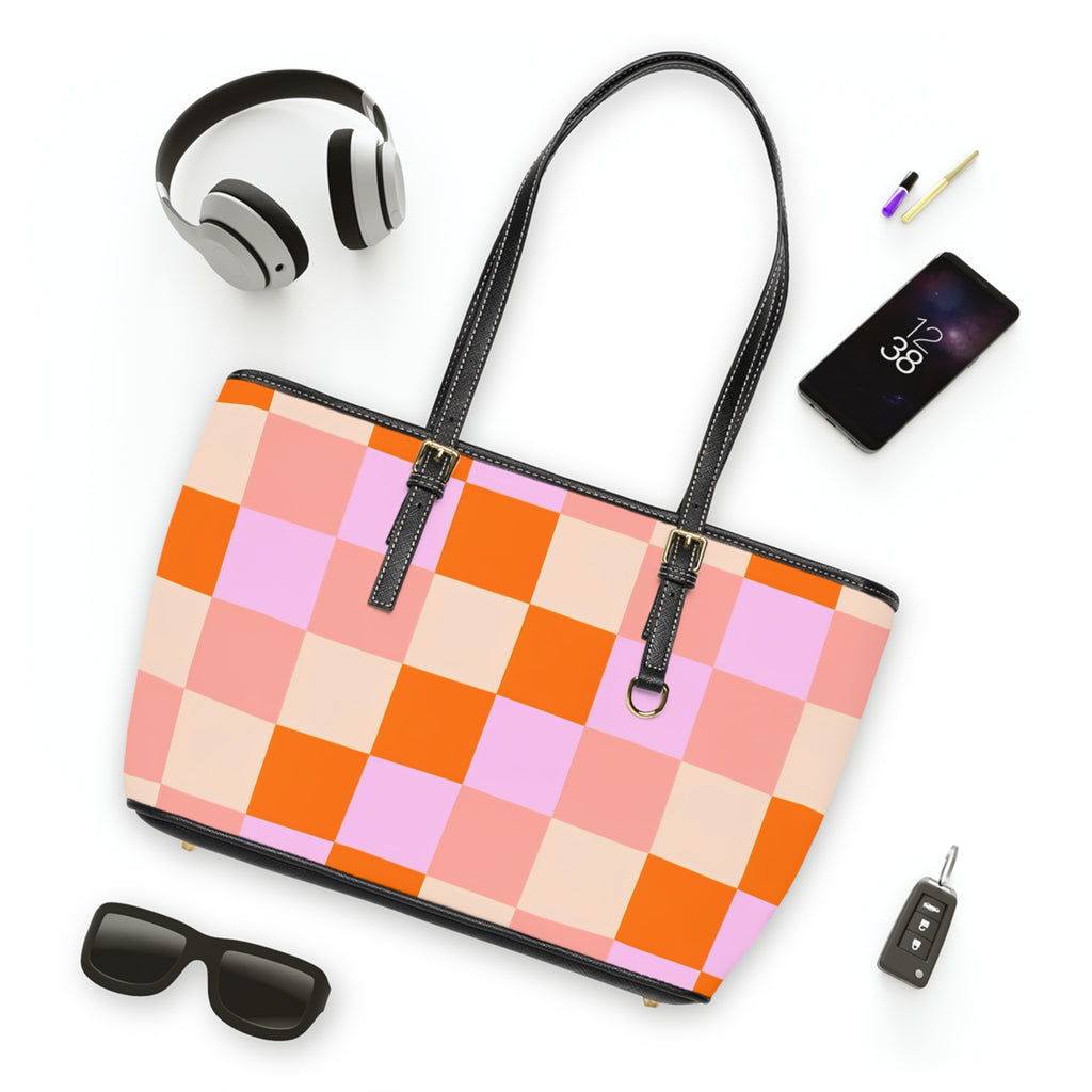 Pink and Orange Checkerboard PU Leather Shoulder Bag