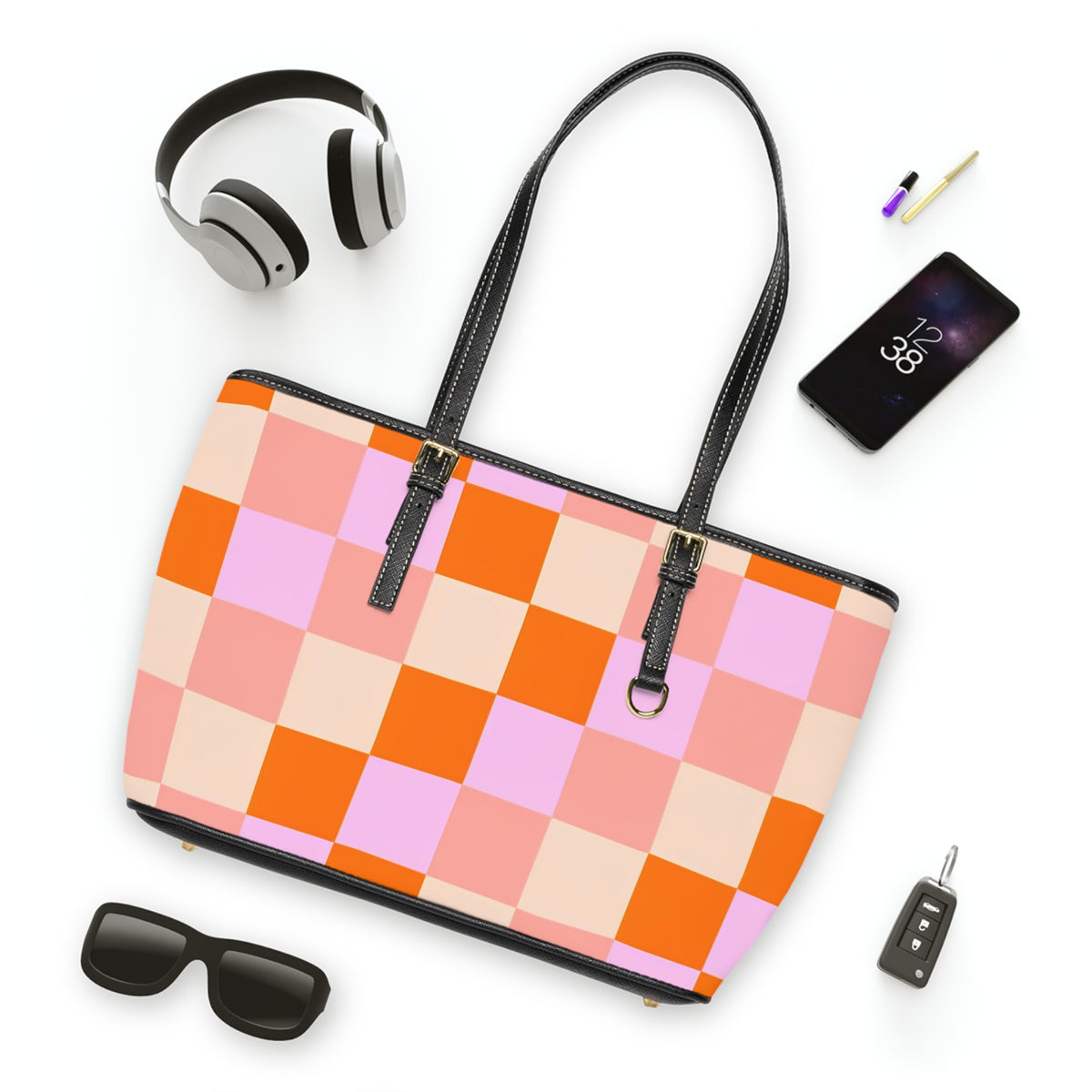 Pink and Orange Checkerboard PU Leather Shoulder Bag
