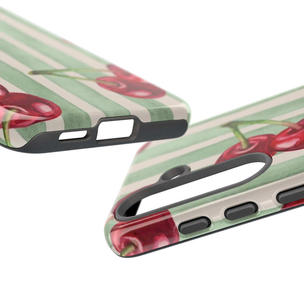 Cherry Stripe Phone Case – Retro Watercolor Cherries on Mint Stripes
