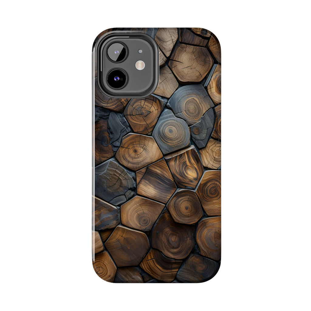Woodgrain Hex Pattern Tough Phone Case — Rustic Log Cross-Section Design