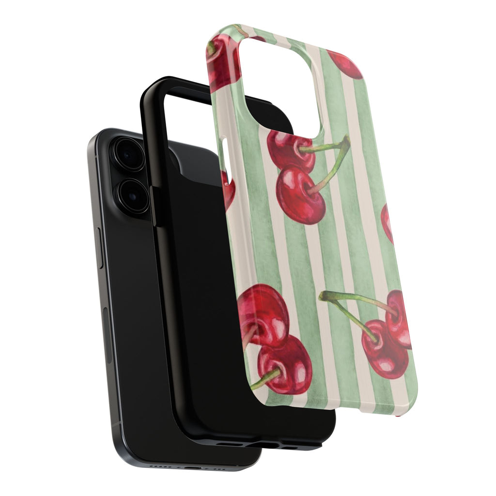 Cherry Stripe Tough Phone Case — Retro Watercolor Cherry Pattern Durable Phone Case