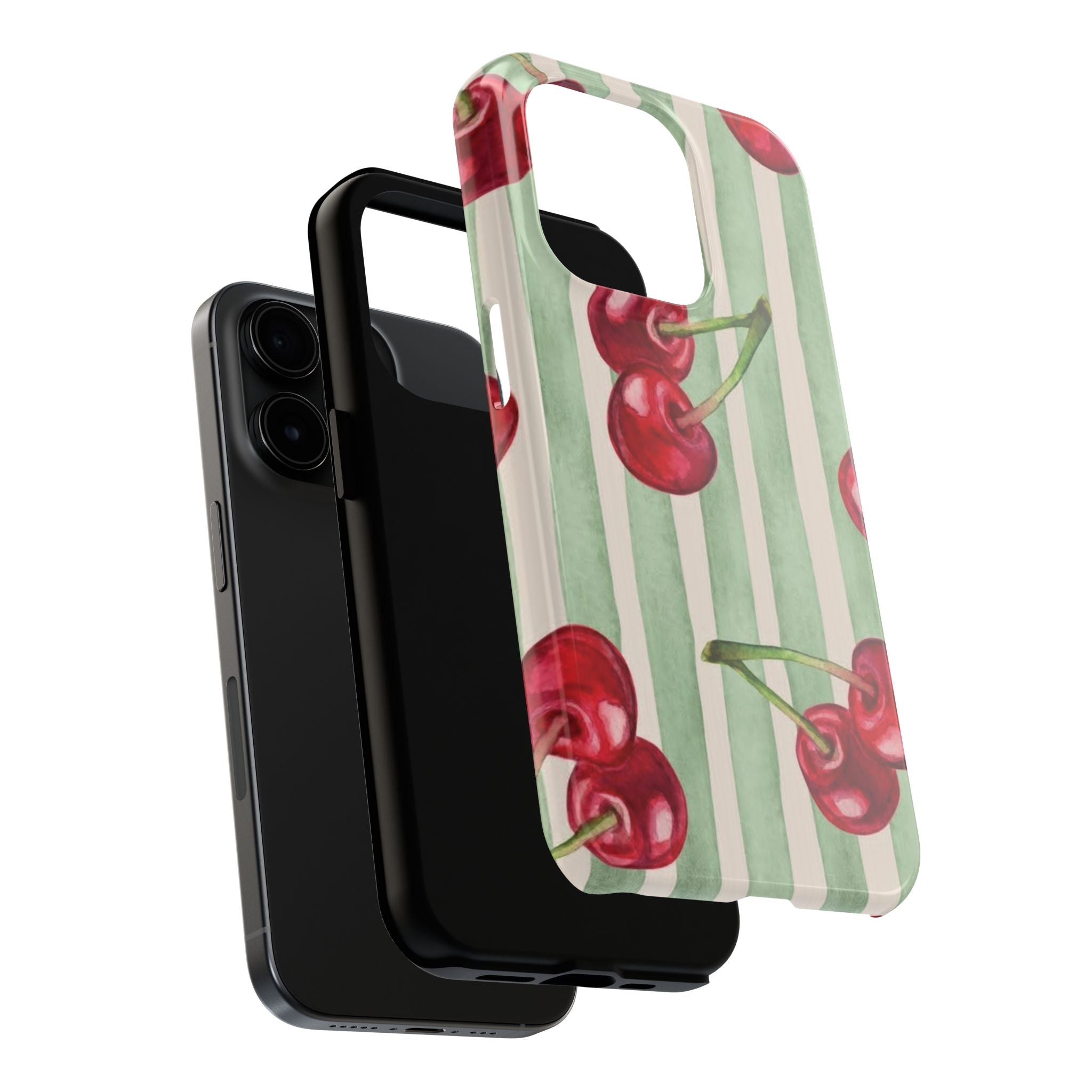 Cherry Stripe Tough Phone Case — Retro Watercolor Cherry Pattern Durable Phone Case