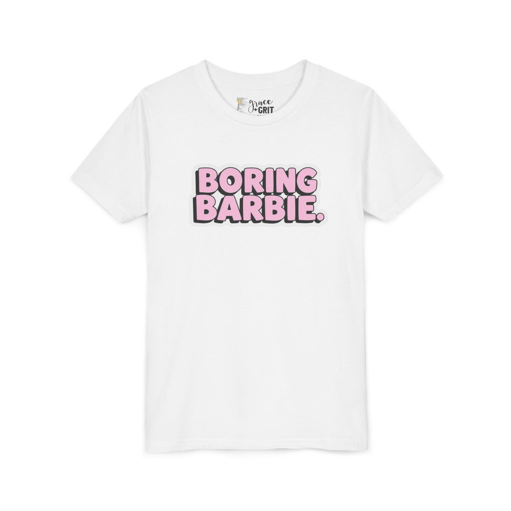 Youth Tee — "Boring Barbie" Pink Bubble Letter Graphic