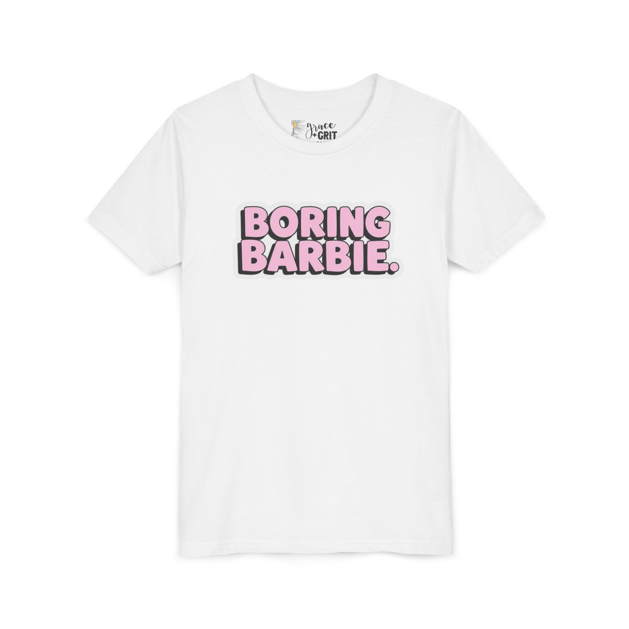 Youth Tee — "Boring Barbie" Pink Bubble Letter Graphic