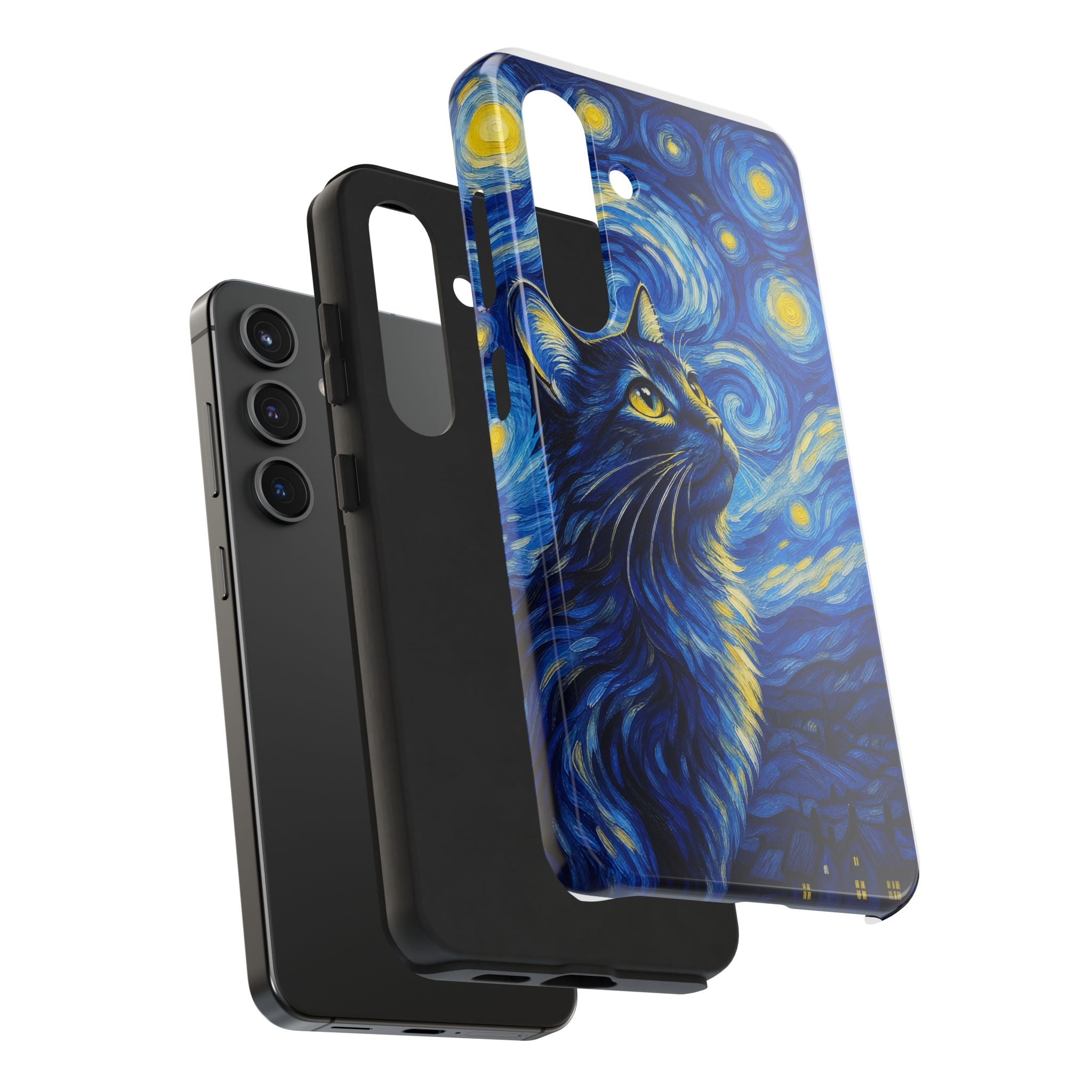 Starry Night Cat Tough Phone Case — Van Gogh Style Galaxy Kitten Protective Cover