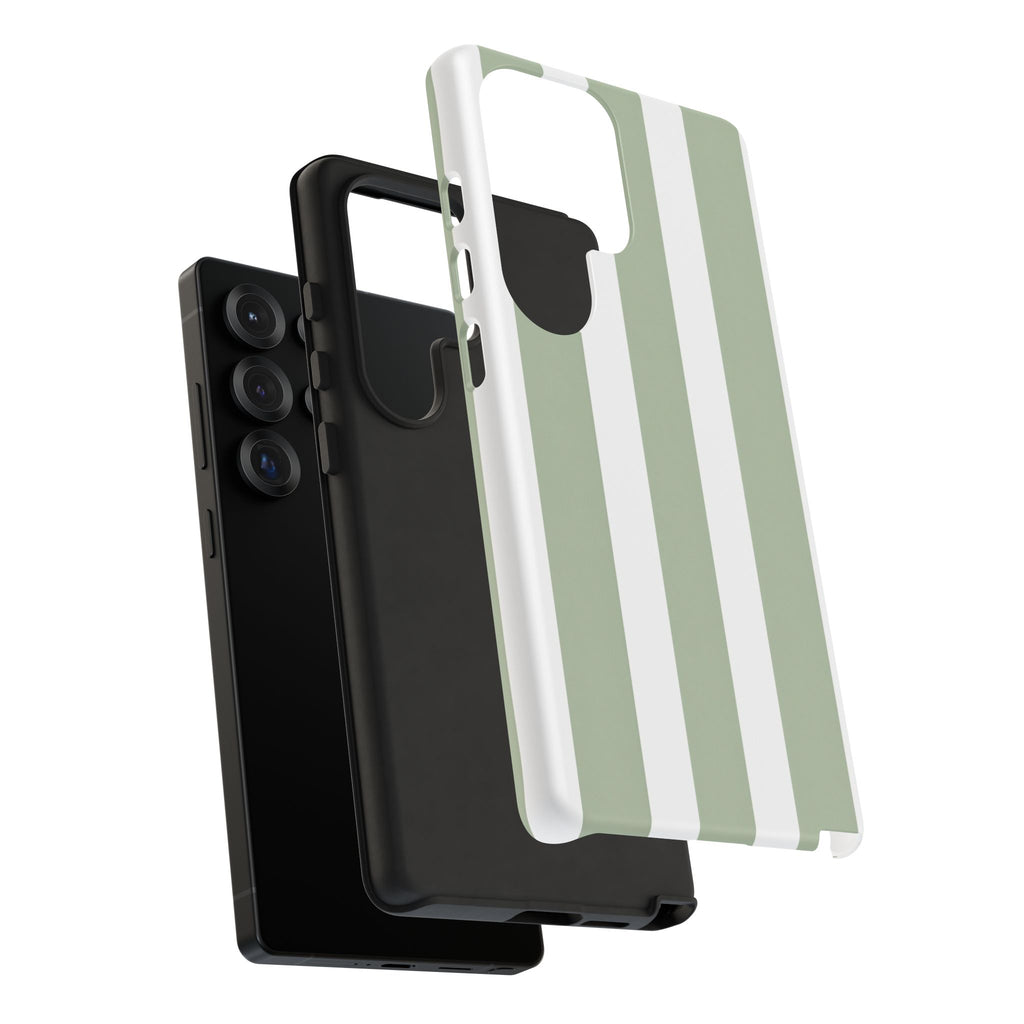 Striped Sage Tough Phone Case — Durable Green & White Vertical Stripe Phone Cover