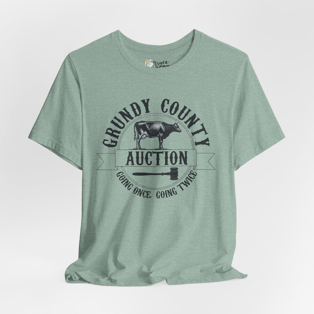 Grundy County Auction Tee — 'Going Once, Going Twice' Farm Livestock Graphic T‑Shirt