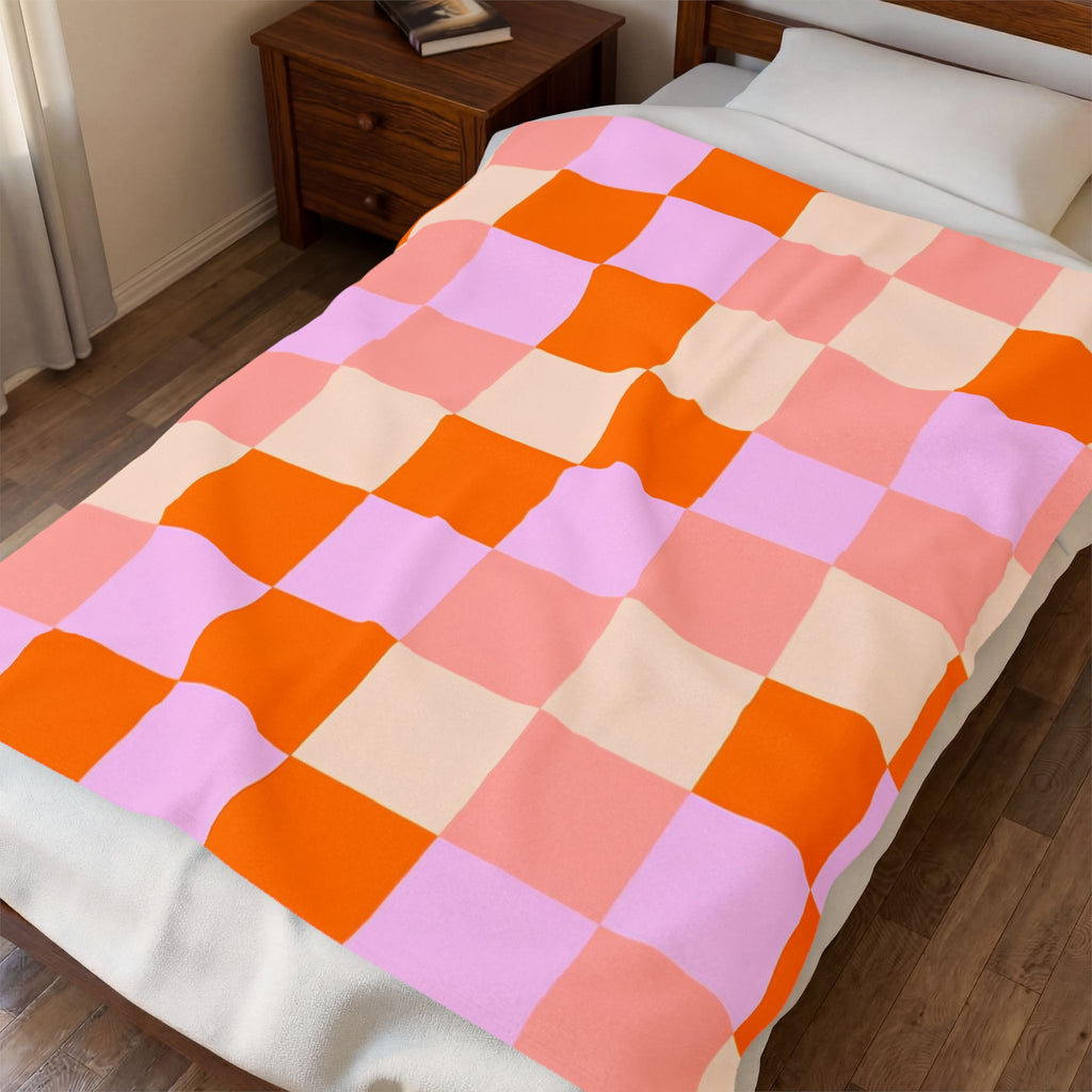 Retro Checkerboard Velveteen Plush Blanket – Pink, Orange & Lavender