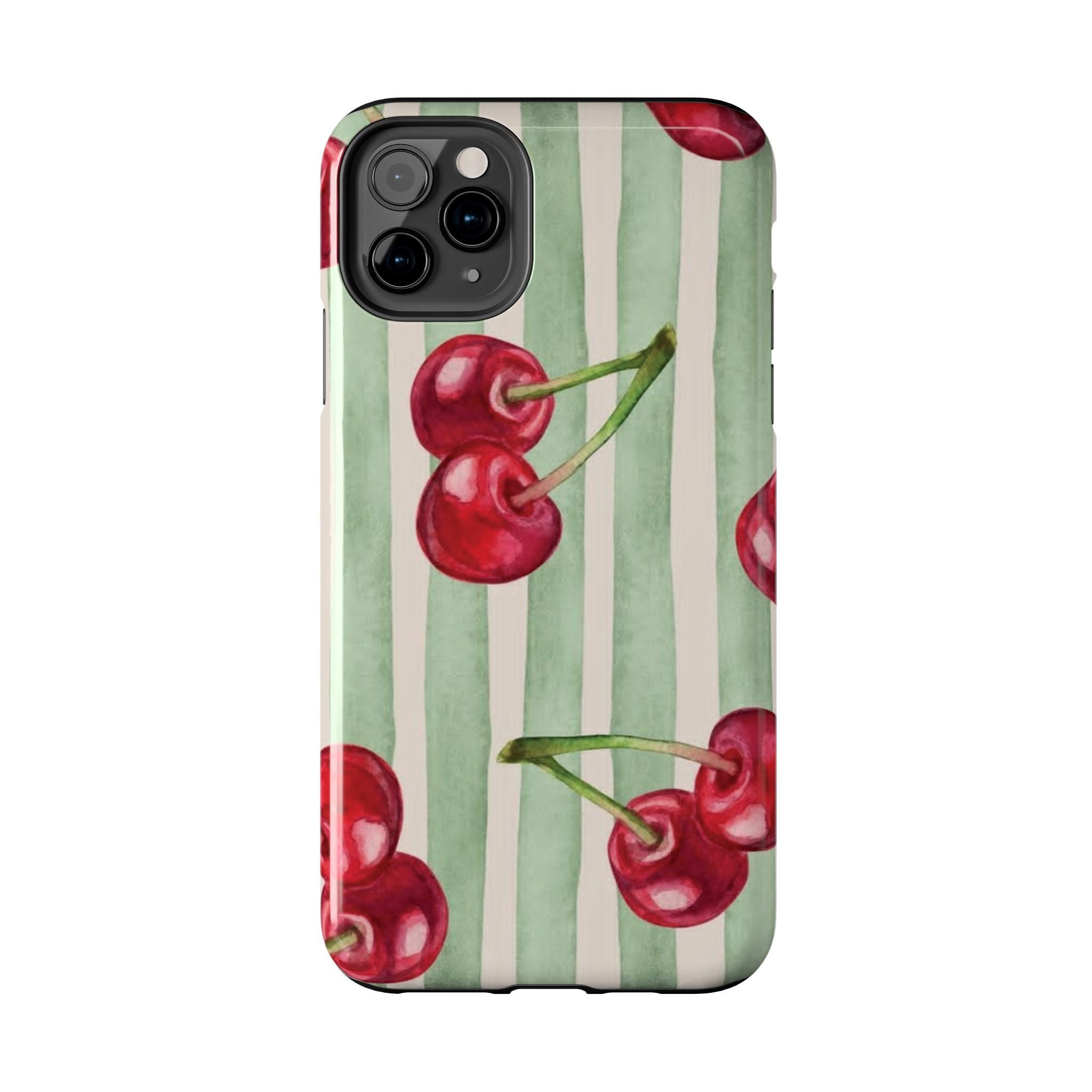 Cherry Stripe Tough Phone Case — Retro Watercolor Cherry Pattern Durable Phone Case