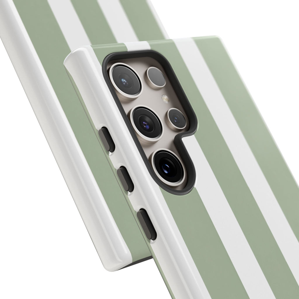 Striped Sage Tough Phone Case — Durable Green & White Vertical Stripe Phone Cover