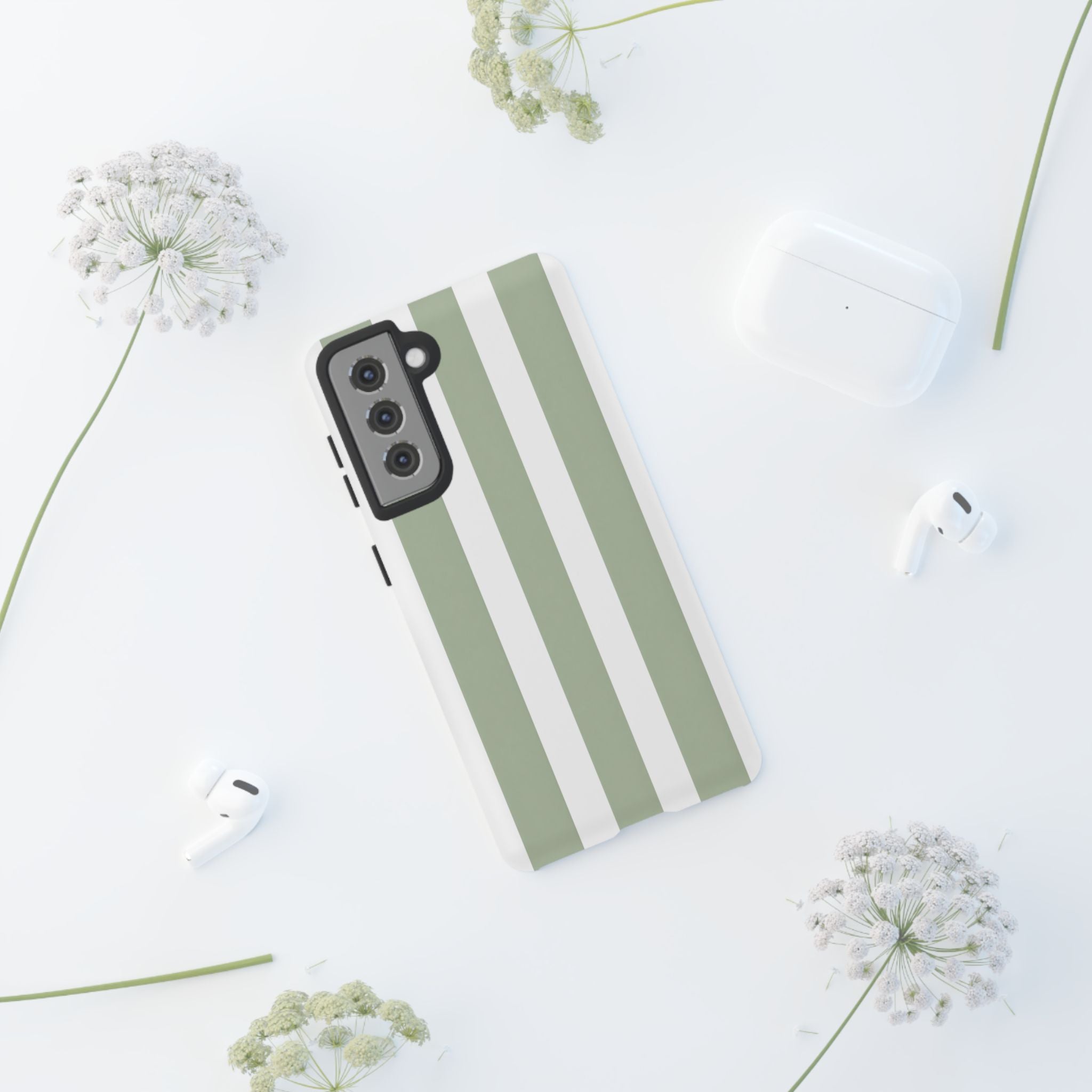 Striped Sage Tough Phone Case — Durable Green & White Vertical Stripe Phone Cover