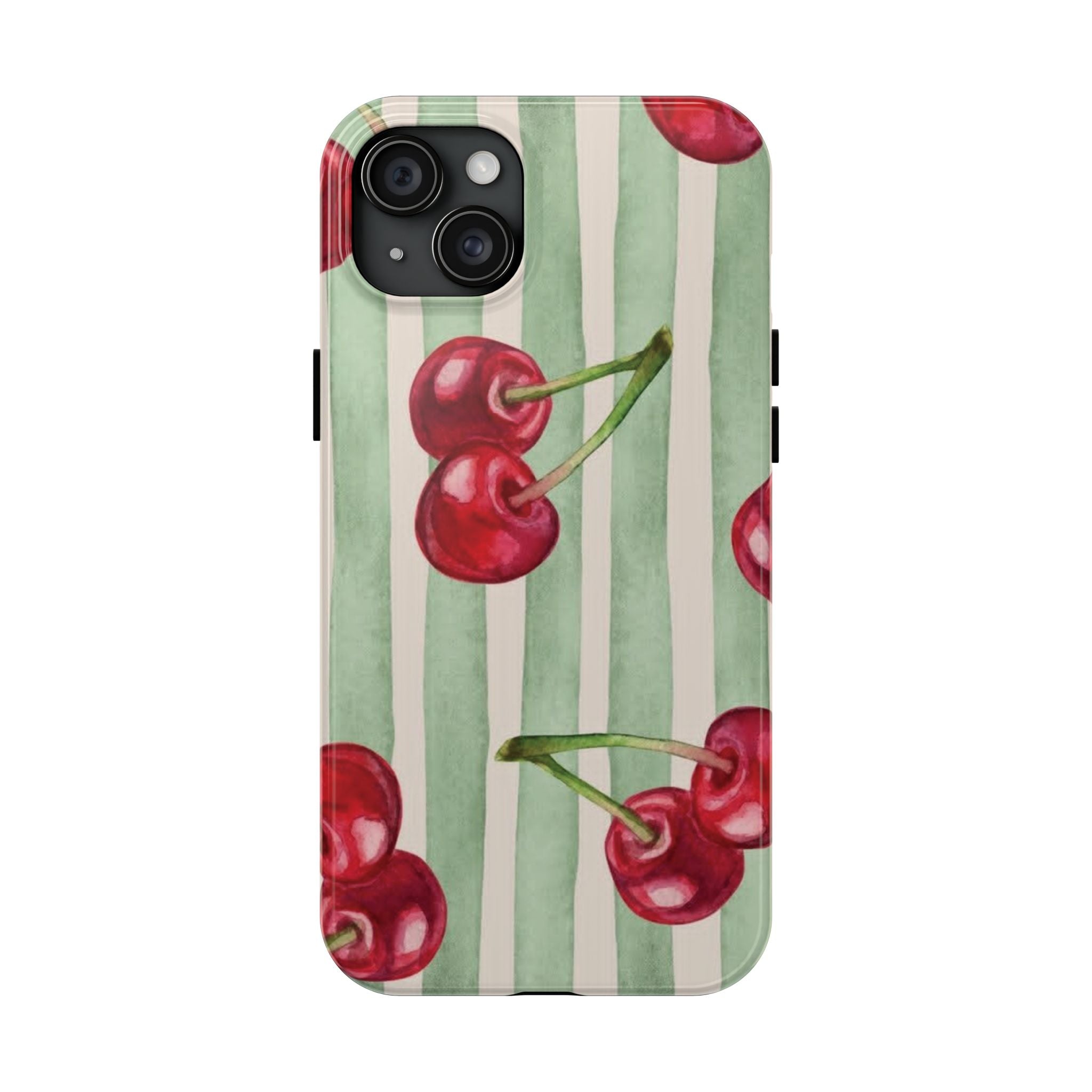 Cherry Stripe Tough Phone Case — Retro Watercolor Cherry Pattern Durable Phone Case
