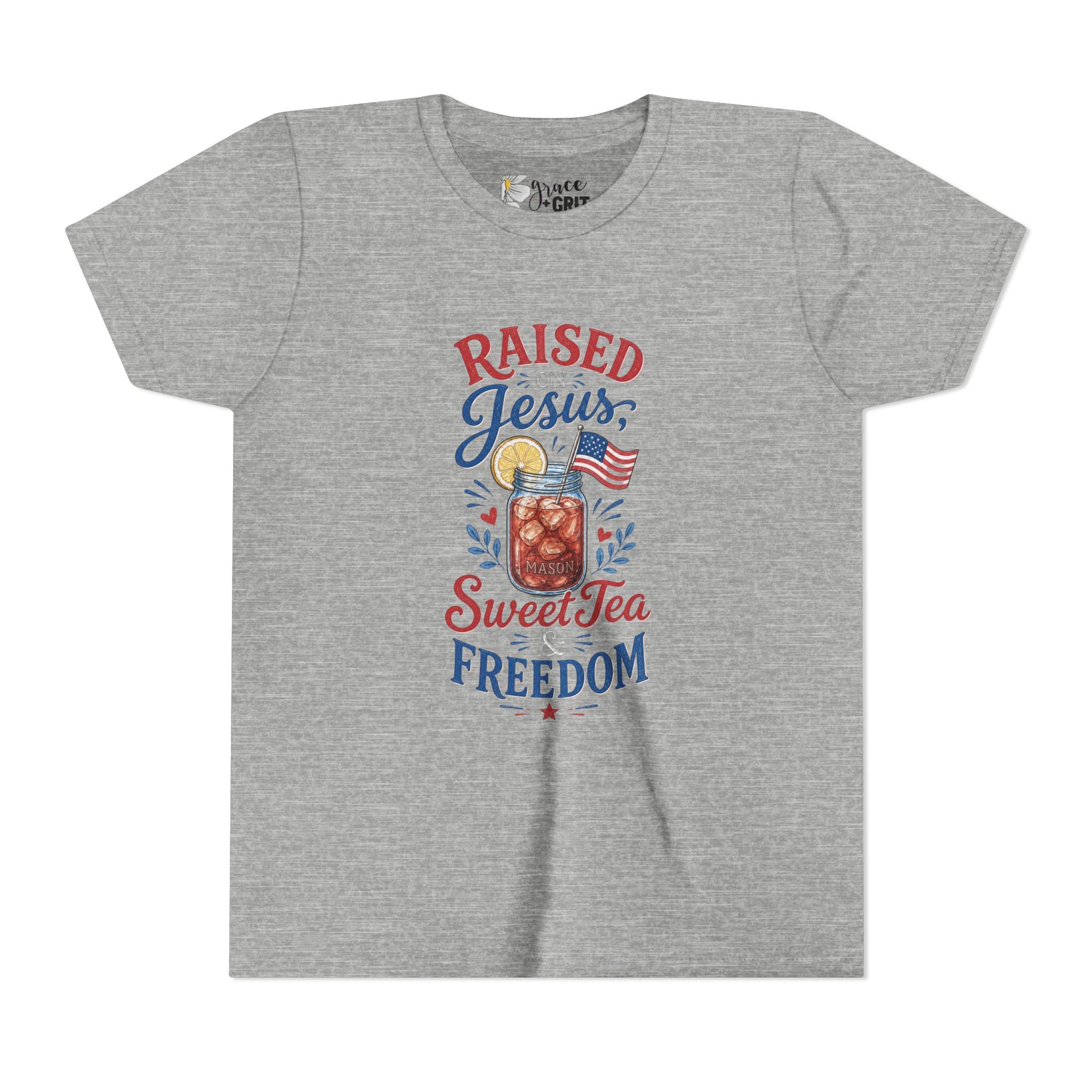 Youth Tee — "Raised Jesus, Sweet Tea, Freedom" Patriotic Christian Graphic