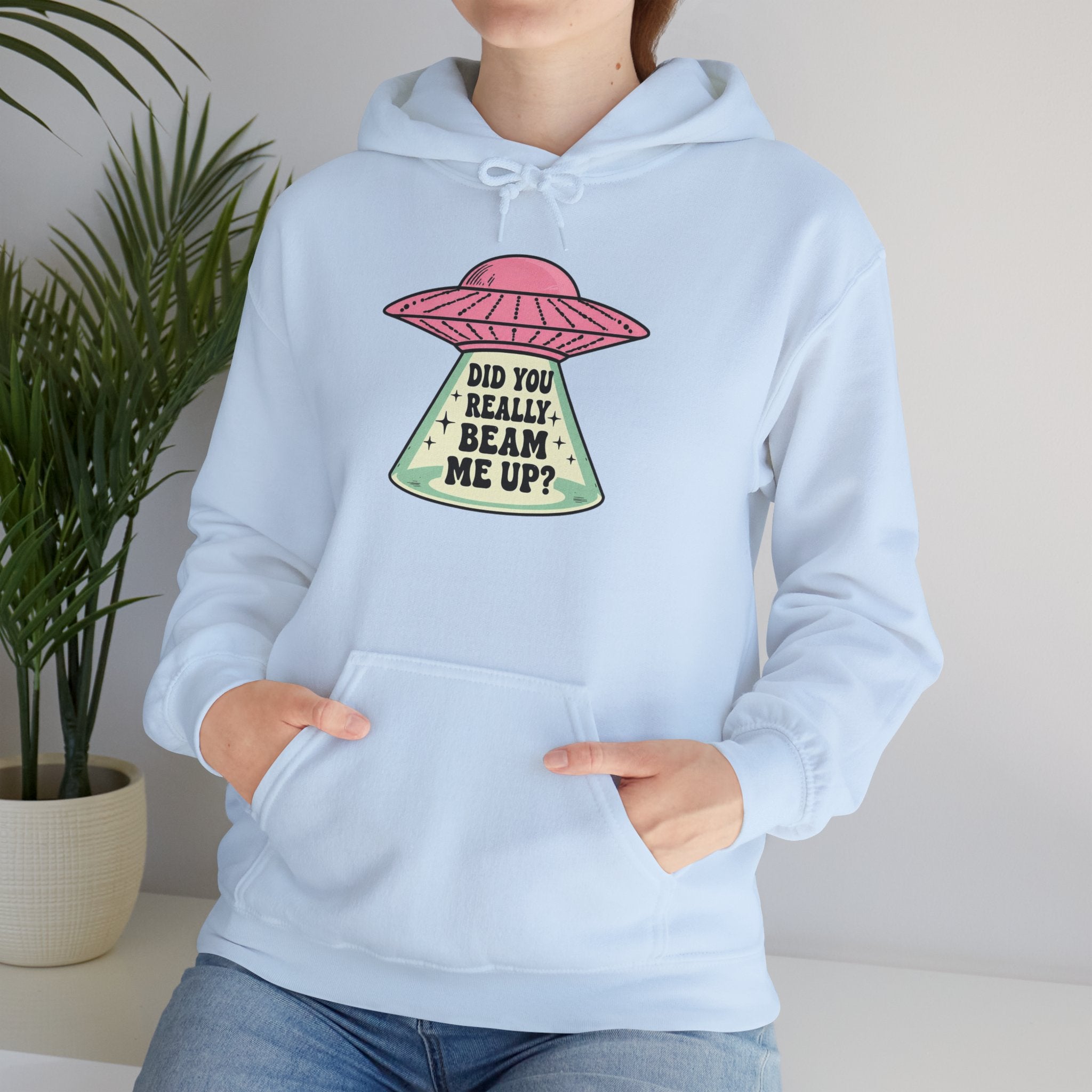Alien UFO Hoodie — "Did You Really Beam Me Up?" Cute Retro Graphic Sweatshirt