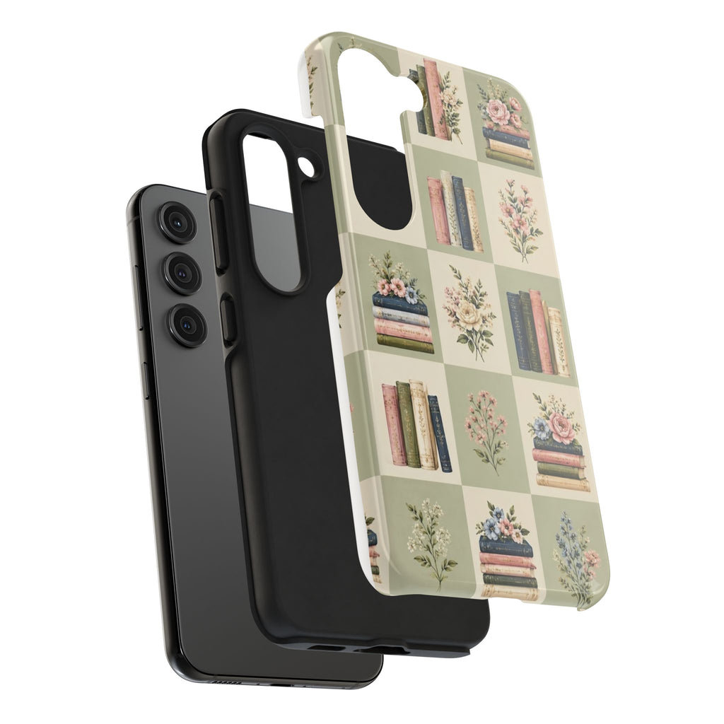 Floral Bookshelf Tough Phone Case — Vintage Floral & Stacked Books Pattern