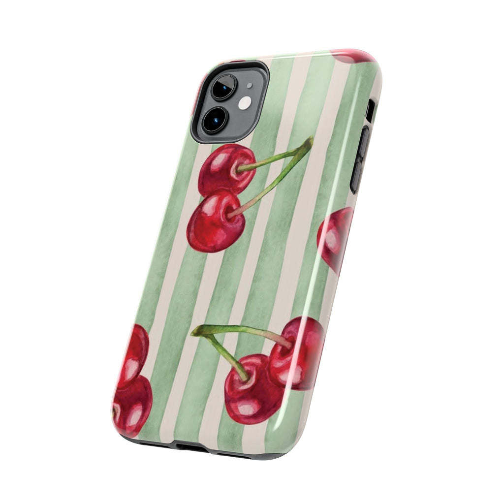 Cherry Stripe Tough Phone Case — Retro Watercolor Cherry Pattern Durable Phone Case