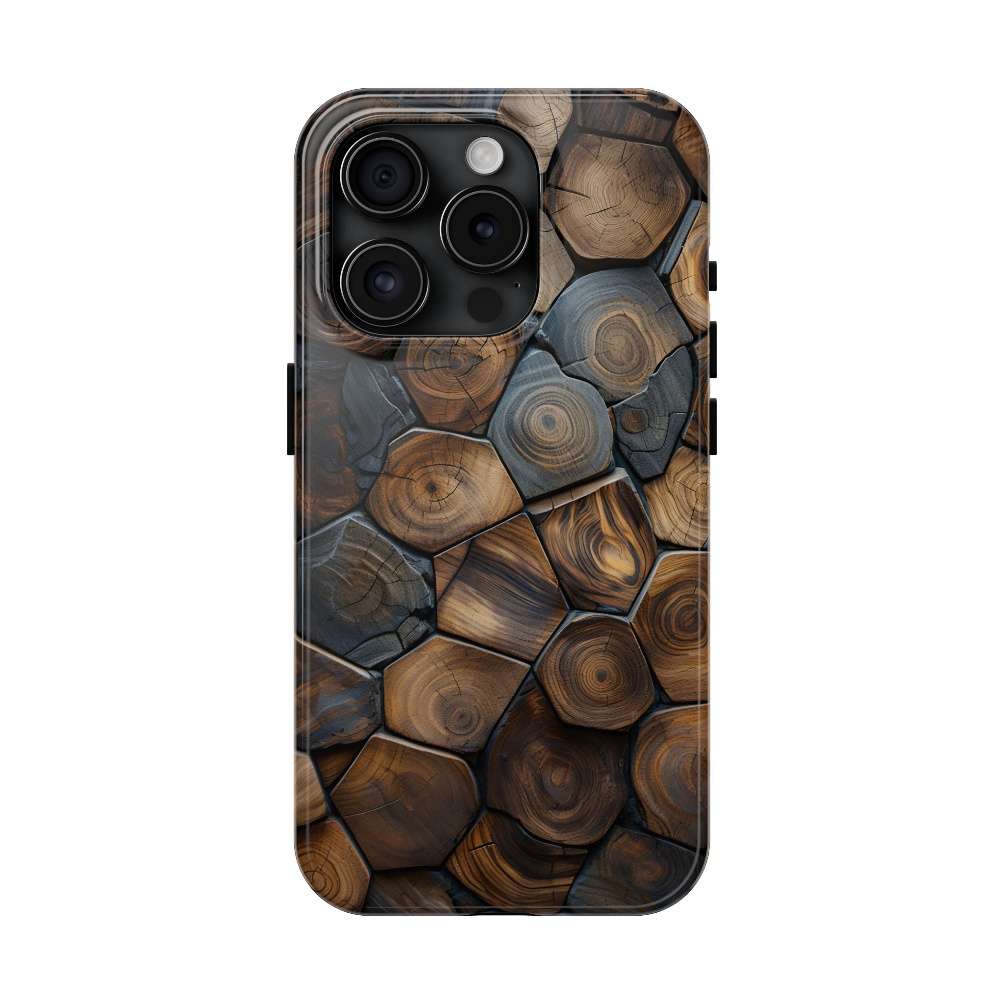 Woodgrain Hex Pattern Tough Phone Case — Rustic Log Cross-Section Design