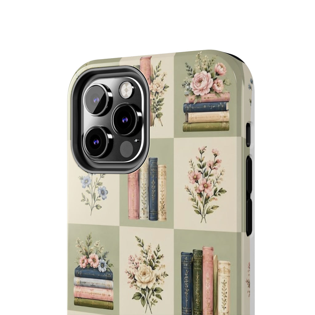 Floral Bookshelf Tough Phone Case — Vintage Floral & Stacked Books Pattern