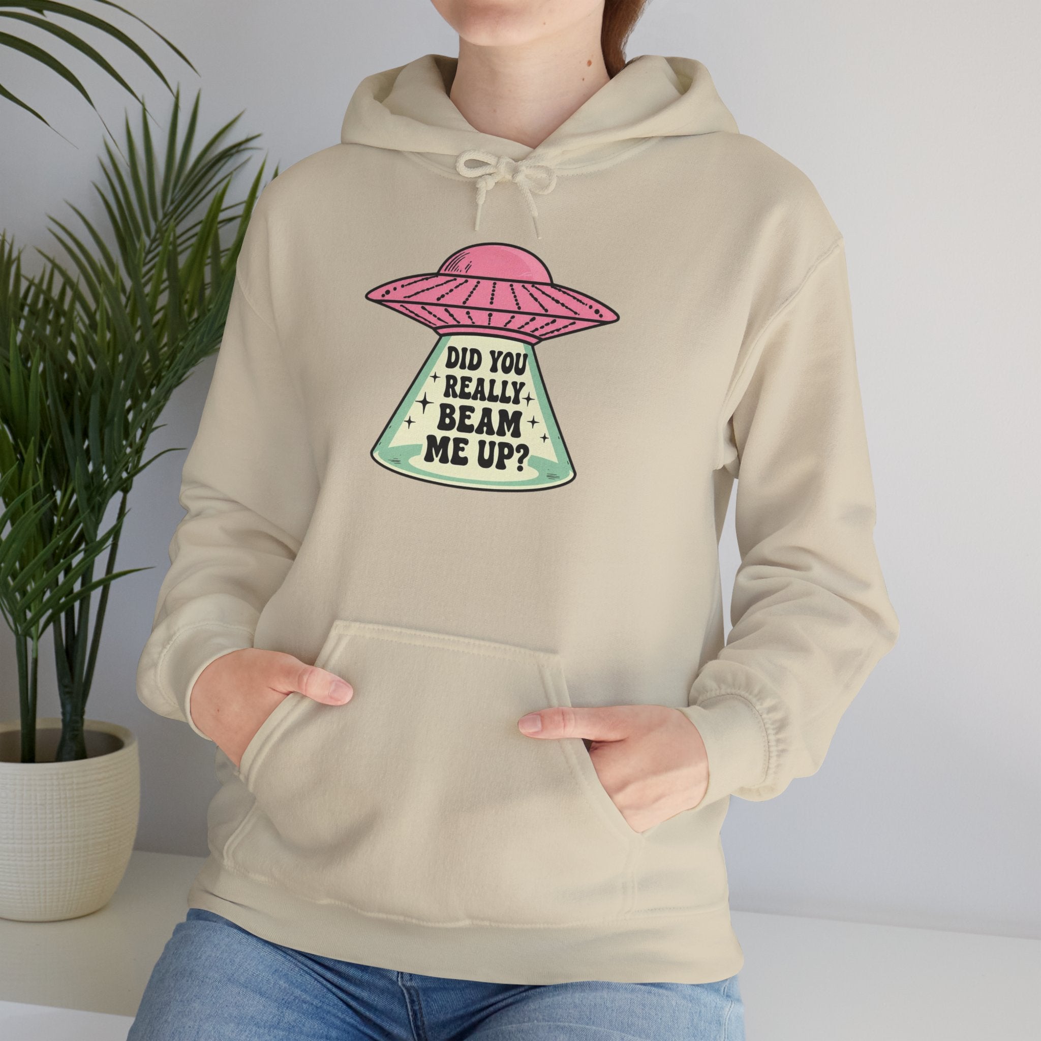 Alien UFO Hoodie — "Did You Really Beam Me Up?" Cute Retro Graphic Sweatshirt