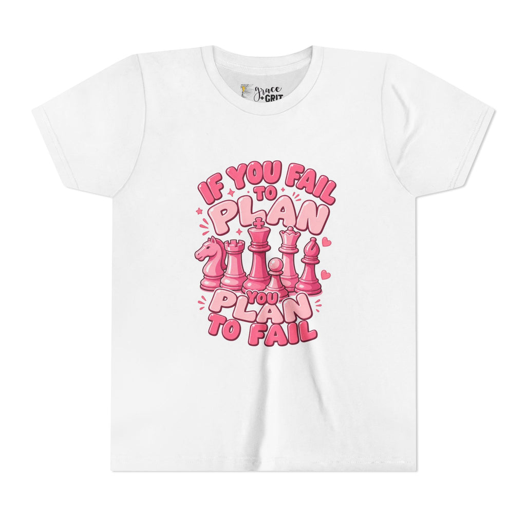 Youth Chess T‑Shirt — "If You Fail to Plan You Plan to Fail" Pink Chess Pieces Tee