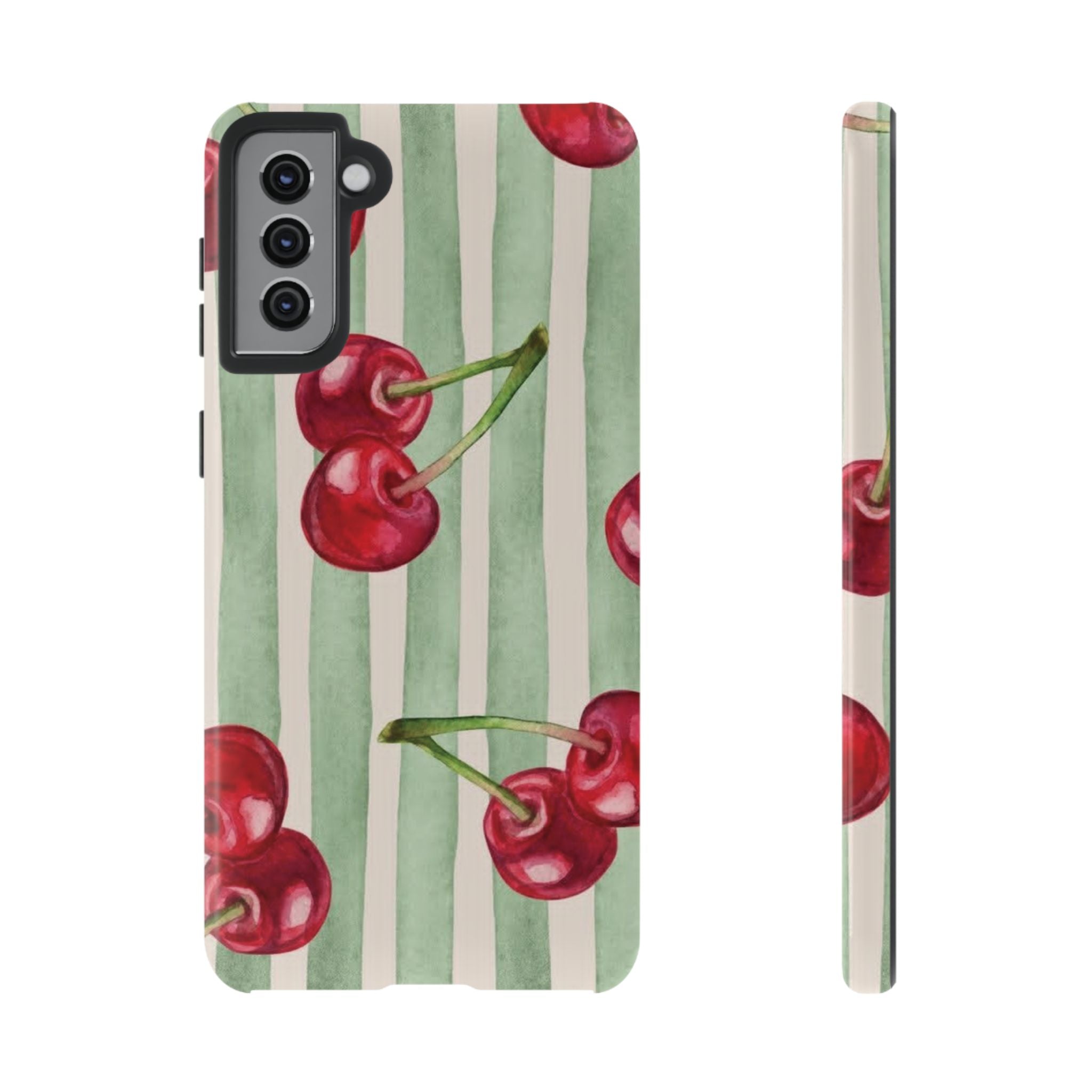 Cherry Stripe Phone Case – Retro Watercolor Cherries on Mint Stripes