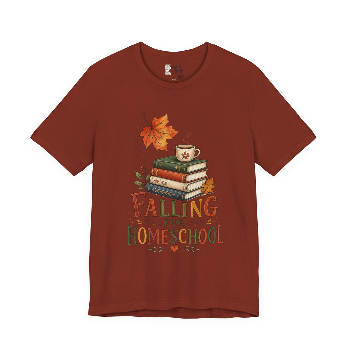 Fall Homeschool T‑Shirt – “Falling into Homeschool” Autumn Books & Coffee Tee