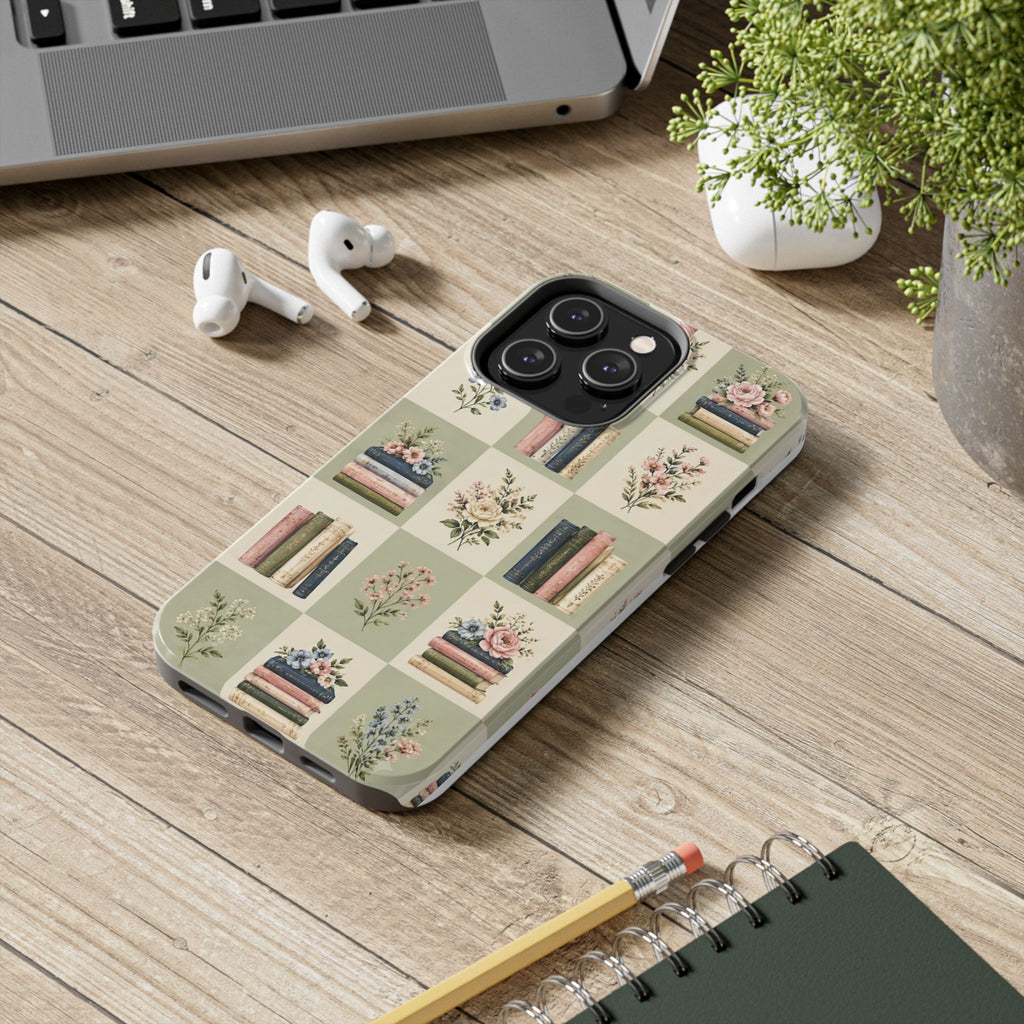 Floral Bookshelf Tough Phone Case — Vintage Floral & Stacked Books Pattern