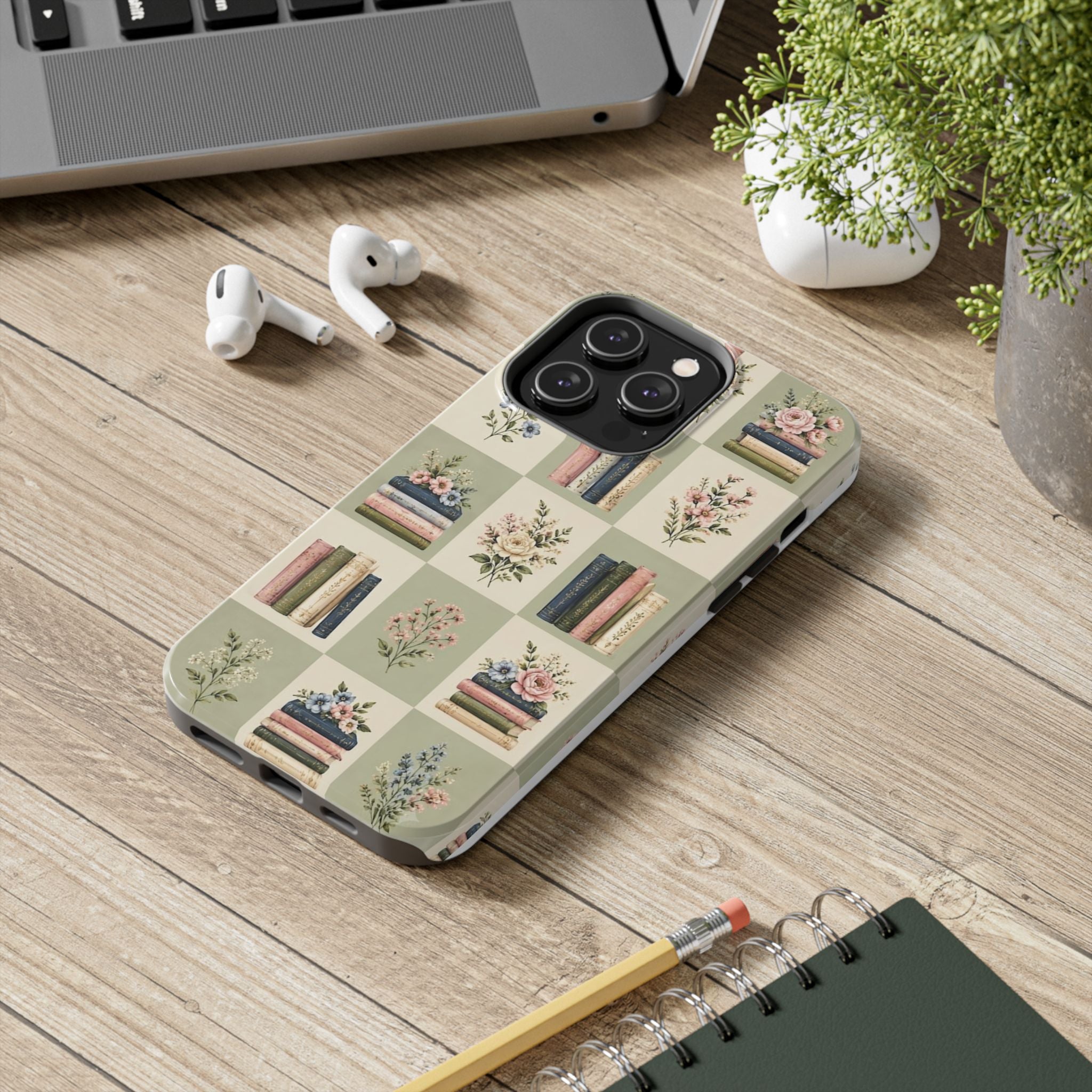 Floral Bookshelf Tough Phone Case — Vintage Floral & Stacked Books Pattern