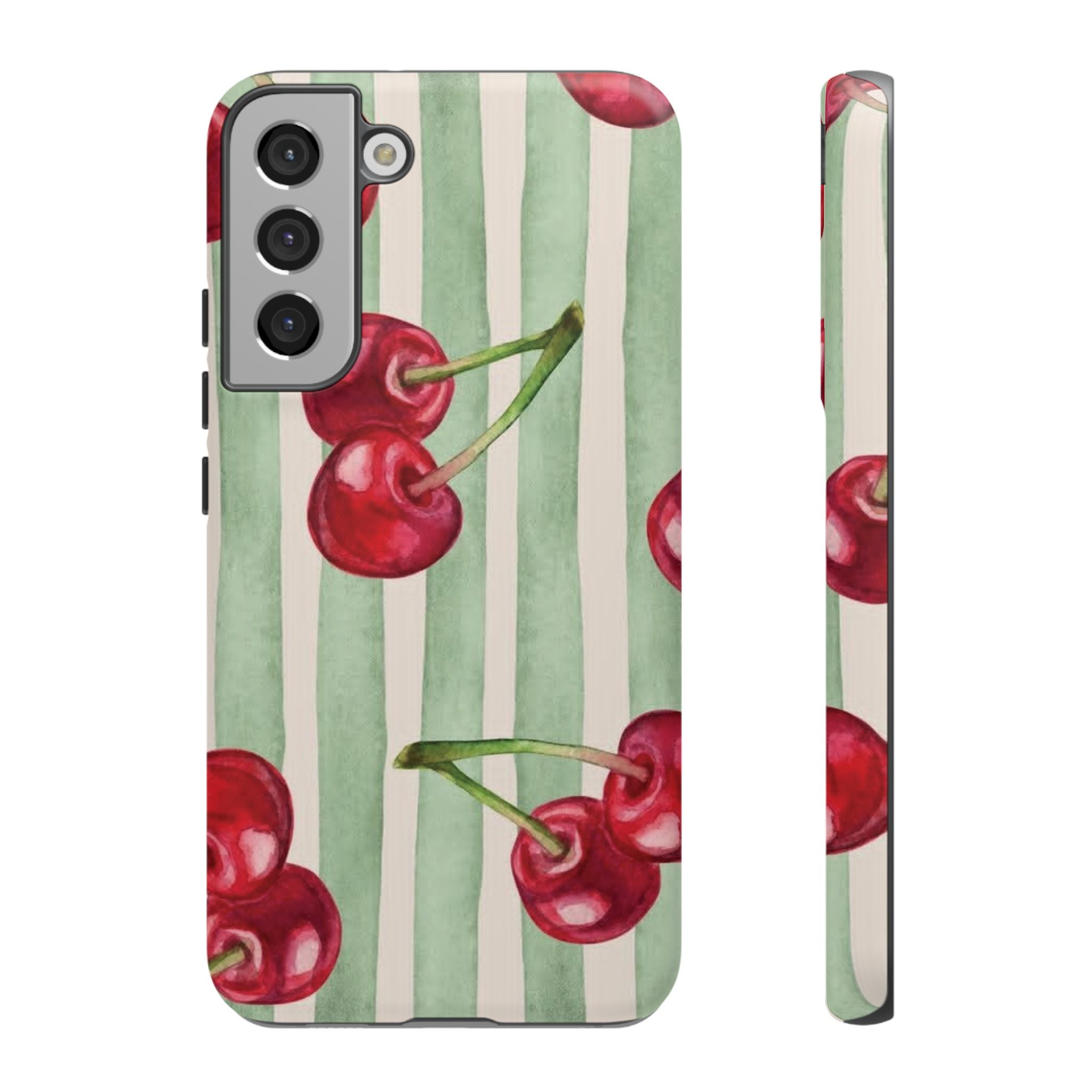 Cherry Stripe Phone Case – Retro Watercolor Cherries on Mint Stripes