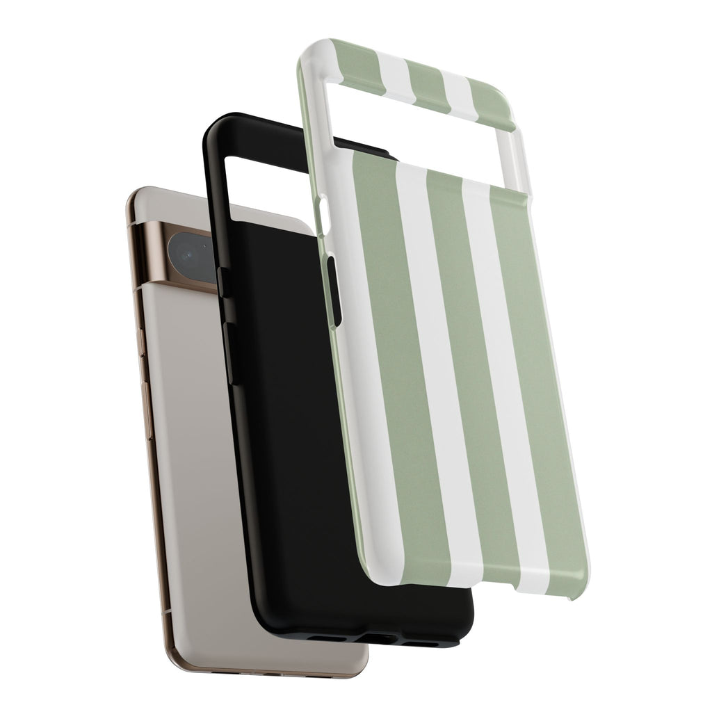 Striped Sage Tough Phone Case — Durable Green & White Vertical Stripe Phone Cover