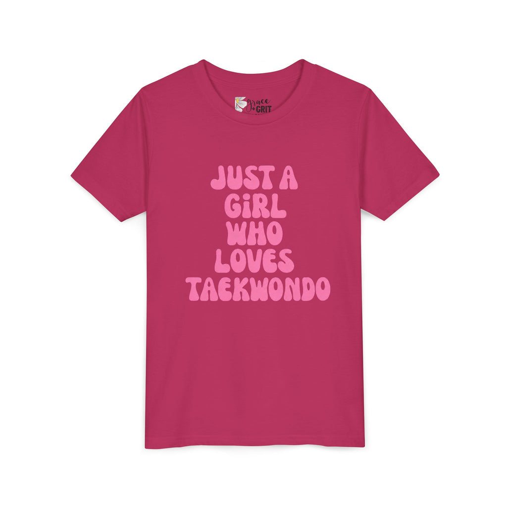 Just a Girl Who Loves Taekwondo Youth Tee | Pink Text Martial Arts Shirt
