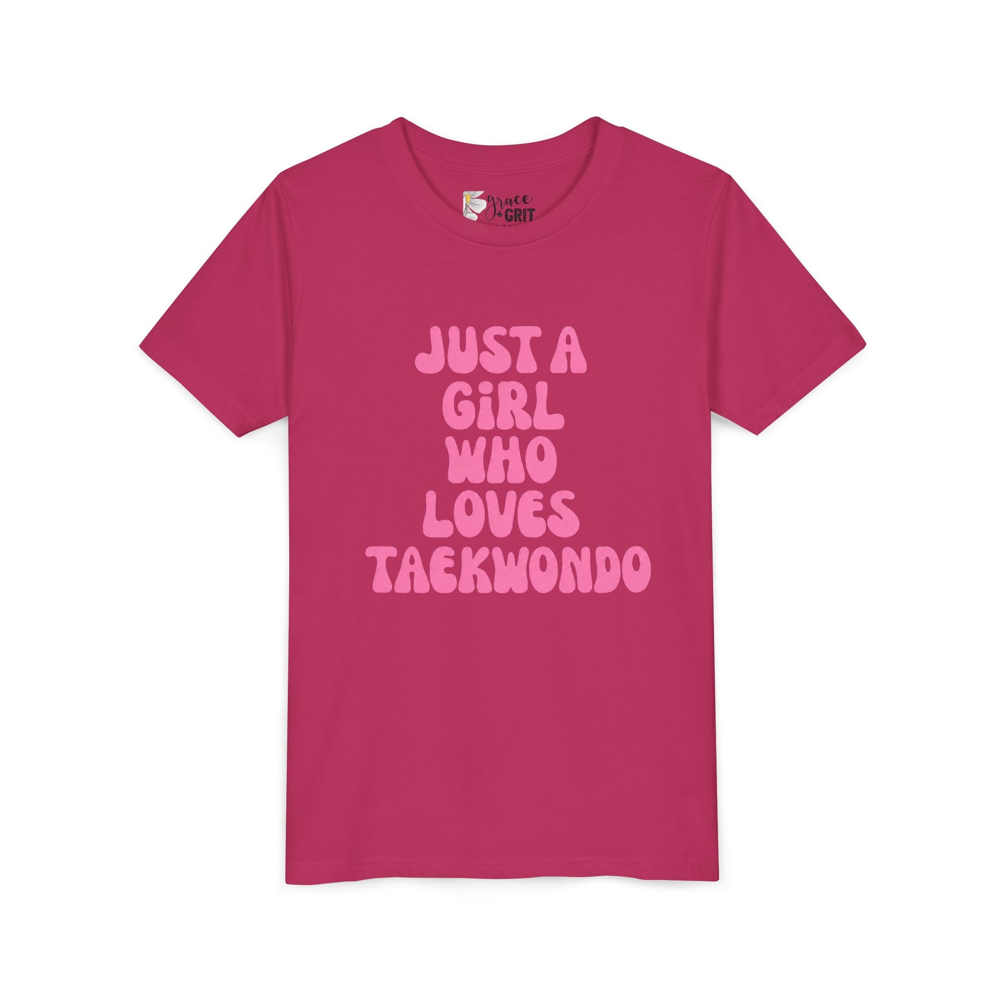Just a Girl Who Loves Taekwondo Youth Tee | Pink Text Martial Arts Shirt