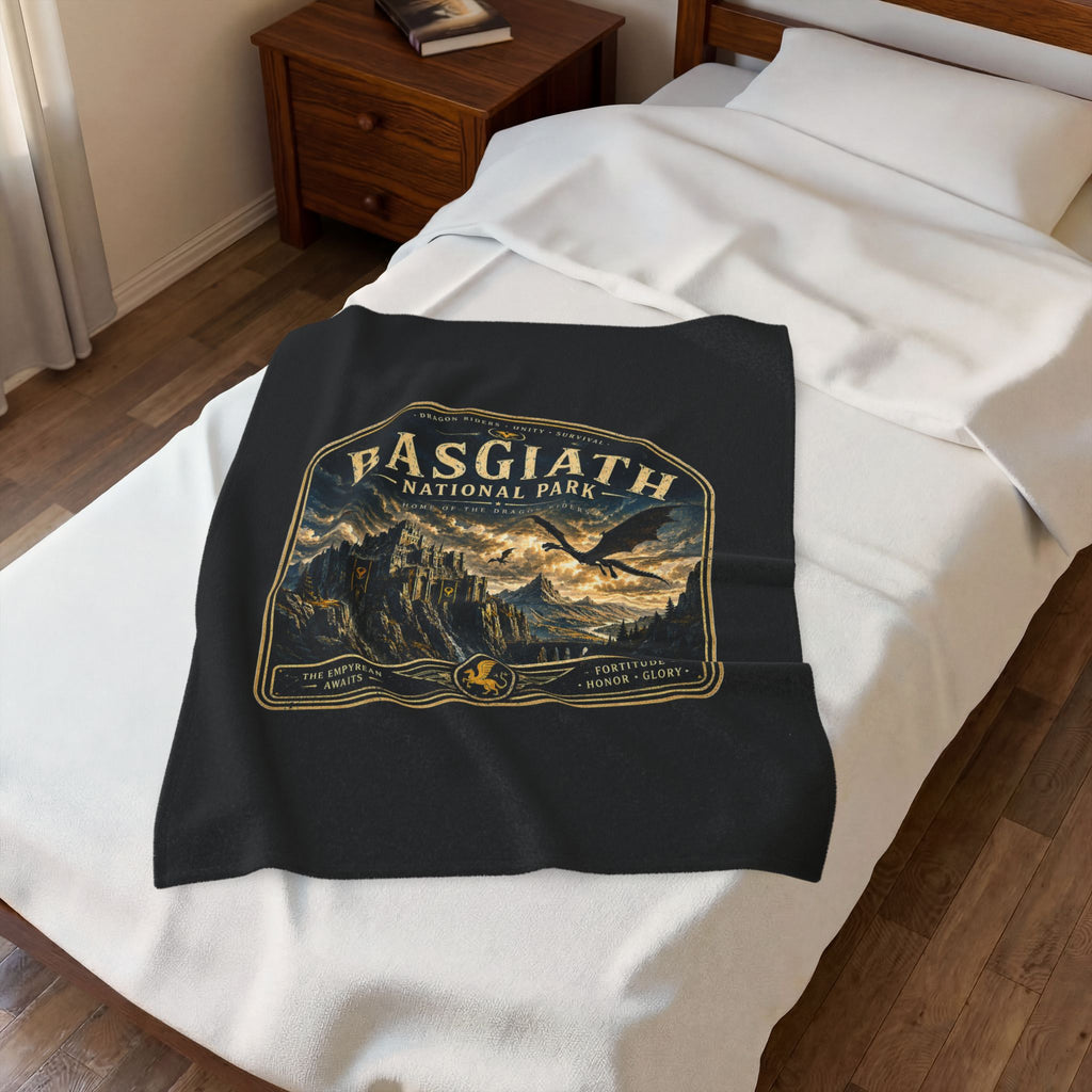 Basgiath National Park Velveteen Plush Blanket — Fantasy Castle & Dragon Scenic Throw