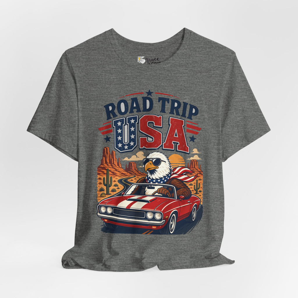 Road Trip USA Tee — Vintage Eagle & Muscle Car Patriotic T‑Shirt