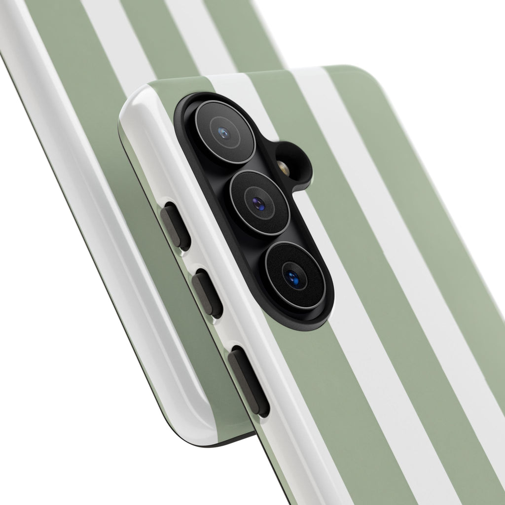 Striped Sage Tough Phone Case — Durable Green & White Vertical Stripe Phone Cover