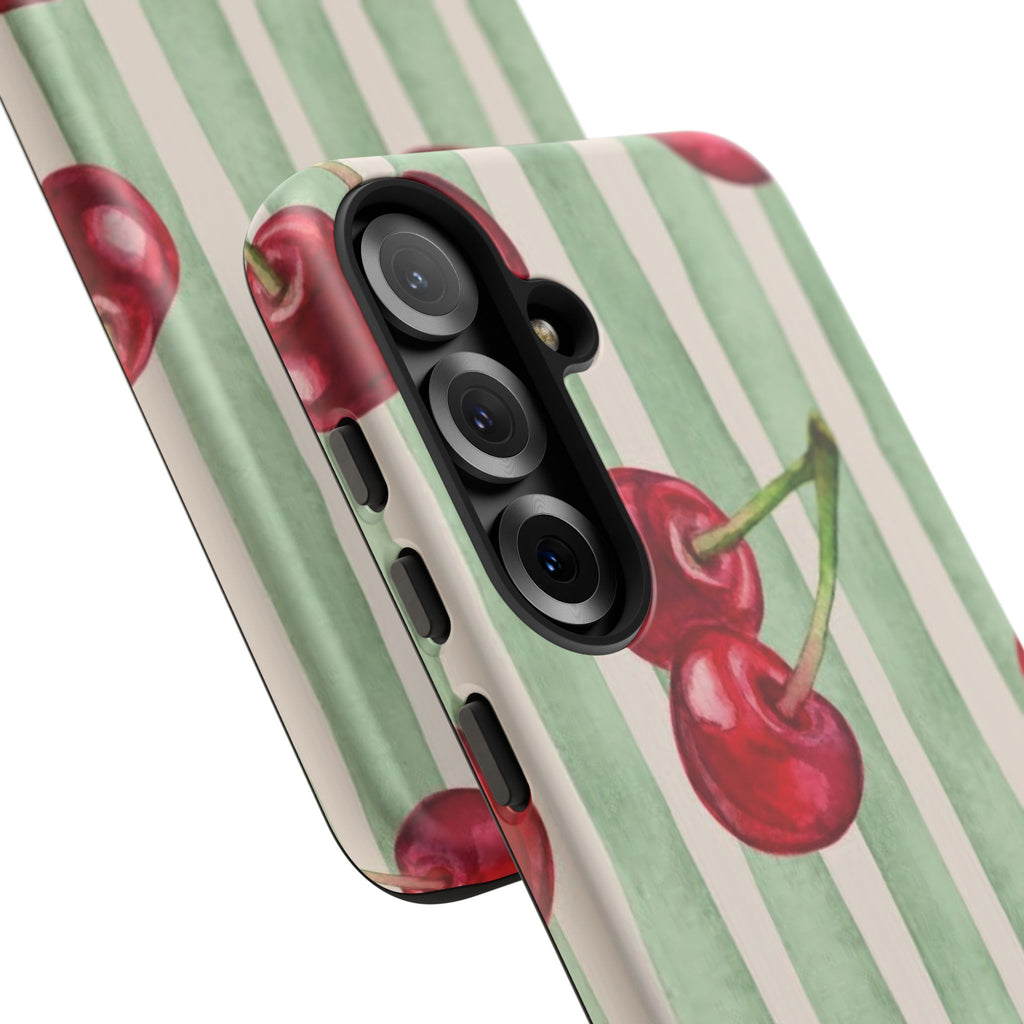 Cherry Stripe Phone Case – Retro Watercolor Cherries on Mint Stripes