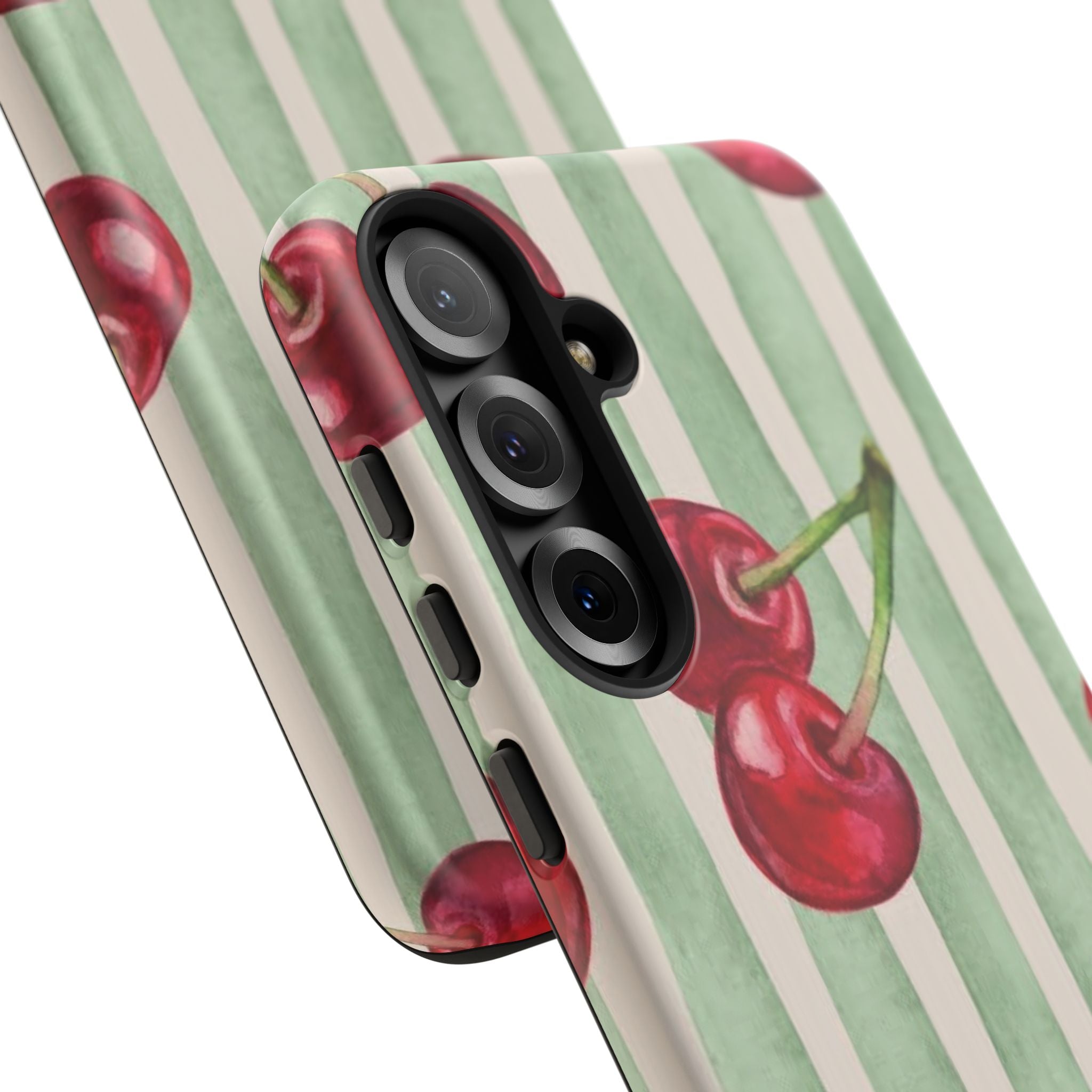 Cherry Stripe Phone Case – Retro Watercolor Cherries on Mint Stripes