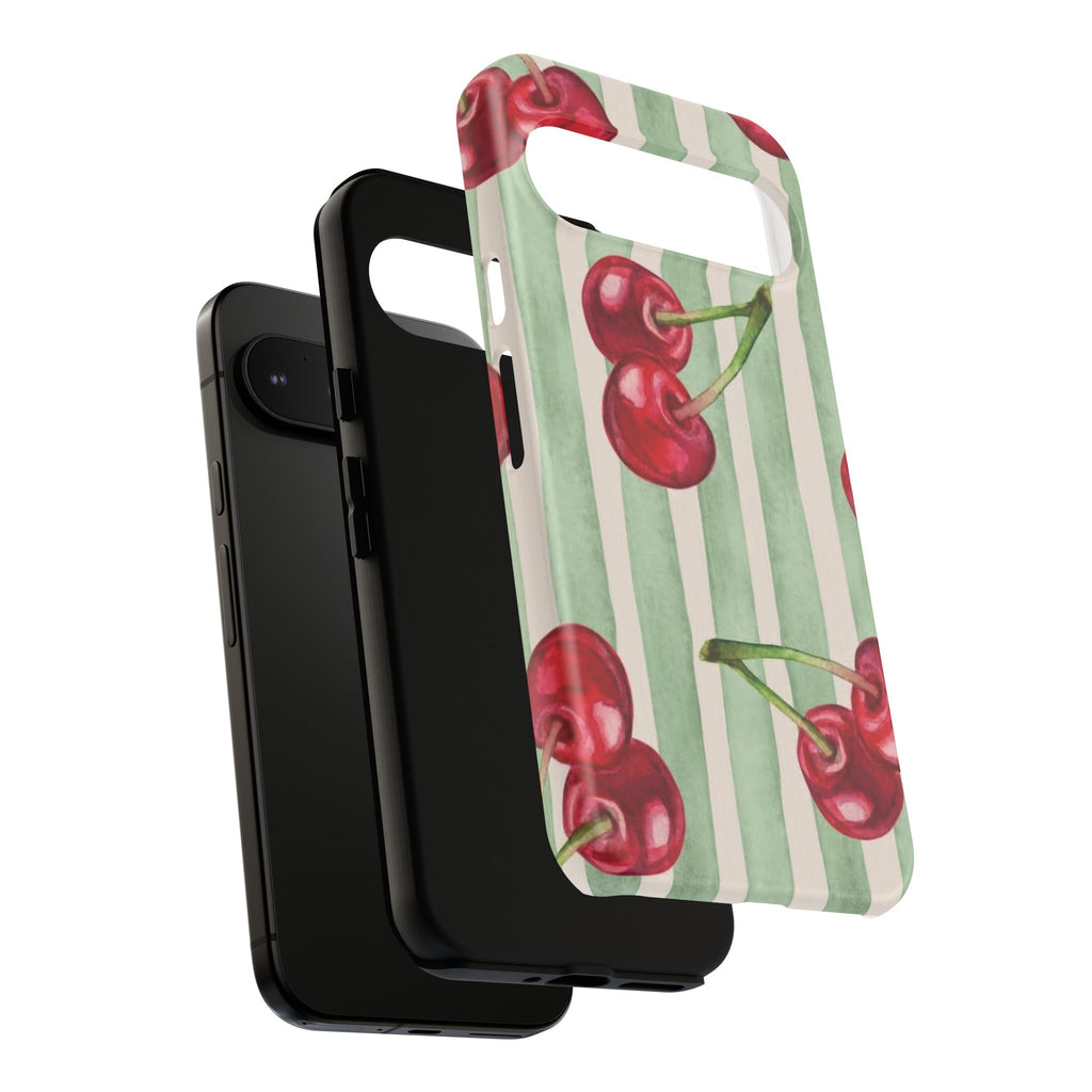 Cherry Stripe Phone Case – Retro Watercolor Cherries on Mint Stripes