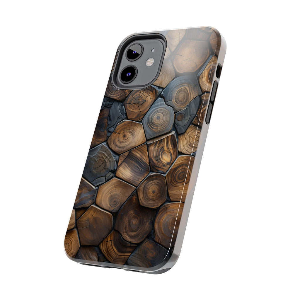 Woodgrain Hex Pattern Tough Phone Case — Rustic Log Cross-Section Design